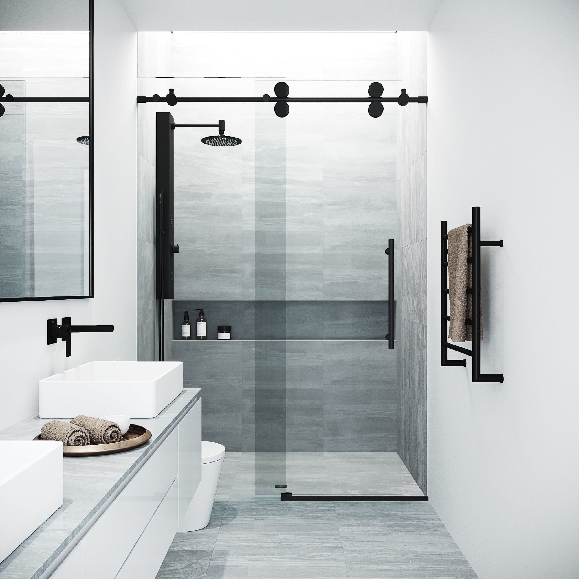 Elan Matte Black Frameless Sliding Shower Door with Clear Glass