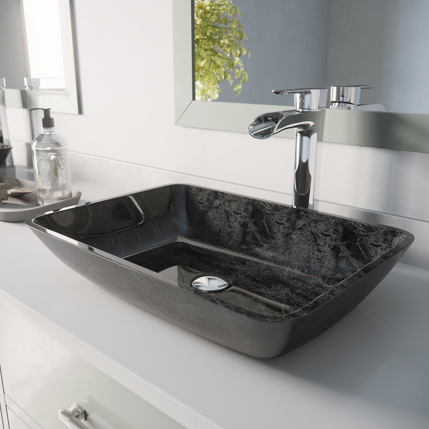 Gray Onyx Glass Rectangular Vessel Sink with Chrome Faucet