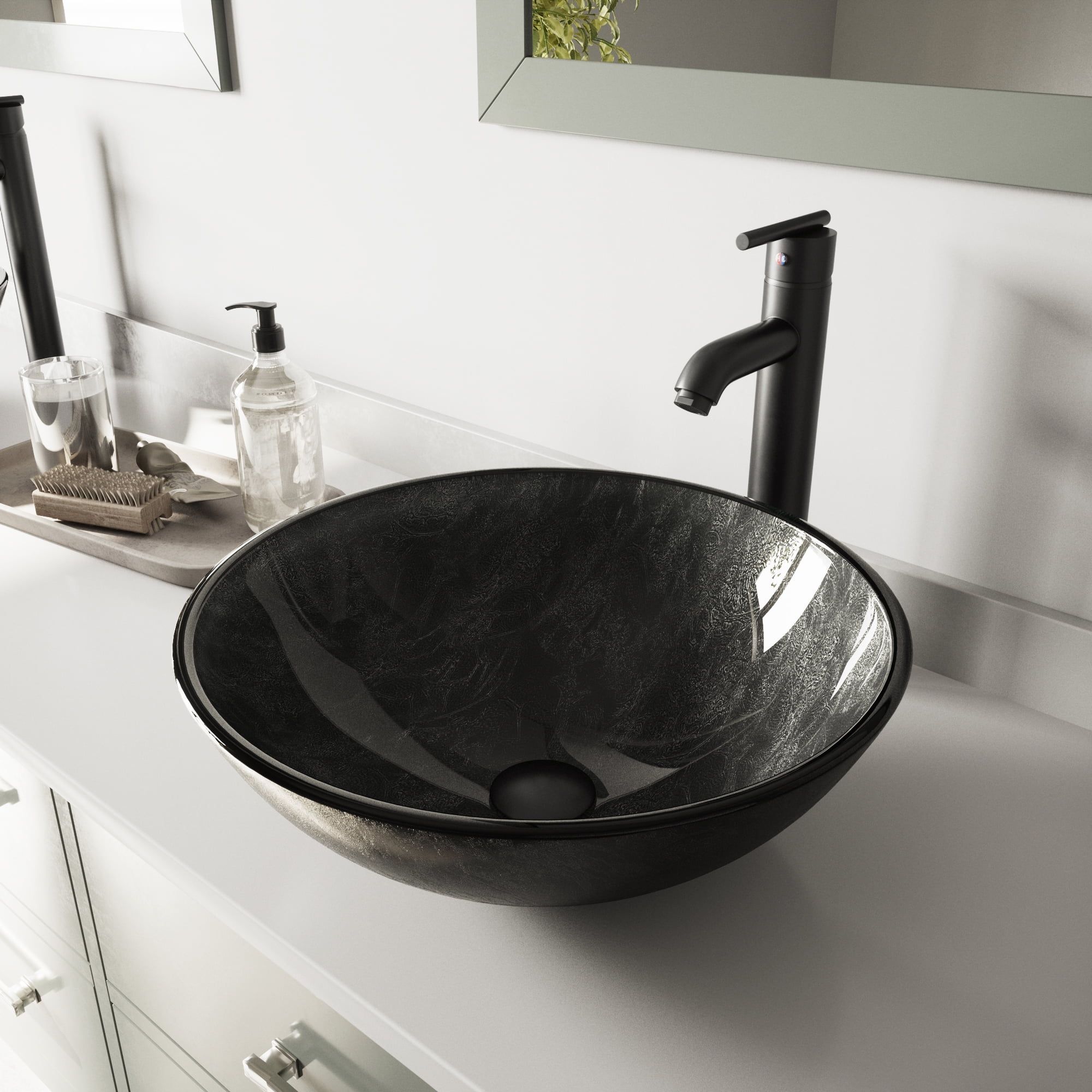 16.5" Round Gray Glass Vessel Sink with Matte Black Faucet