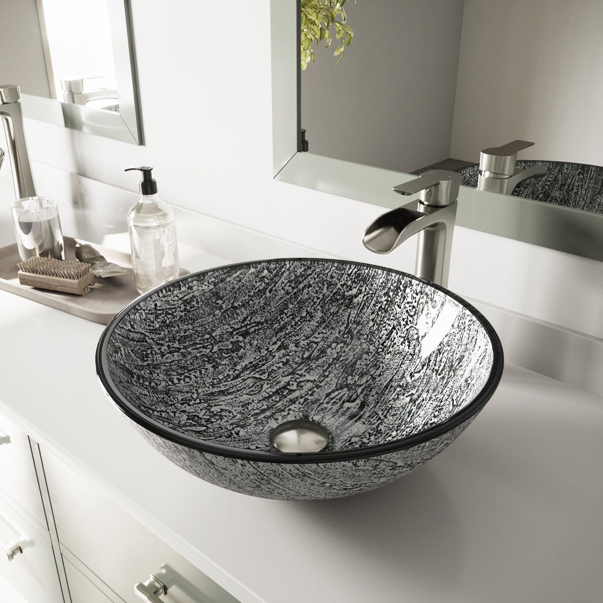 Titanium Gray Glass Vessel Sink with Modern Brushed Nickel Faucet