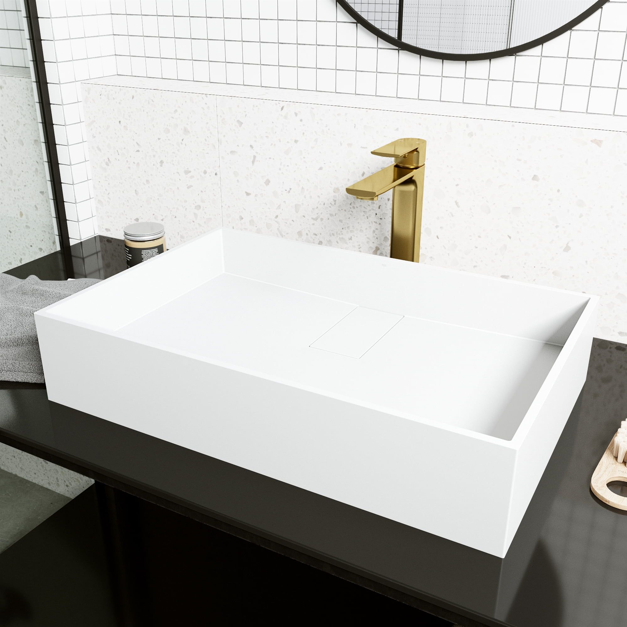 Bryant Grand Matte Stone Rectangular Vessel Sink in White with Gold Faucet