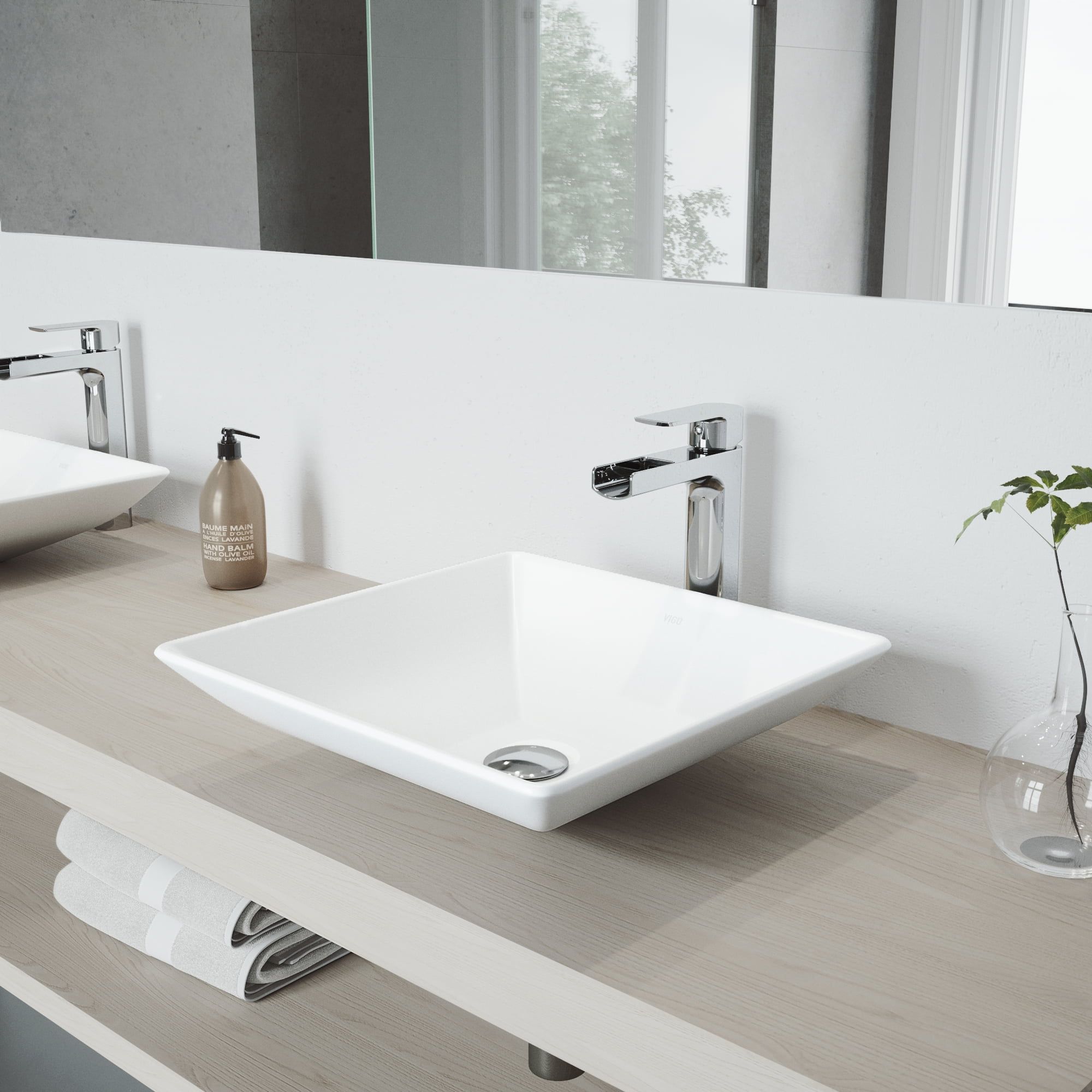 Modern Square Above-Counter Stone Bathroom Sink in White with Faucet