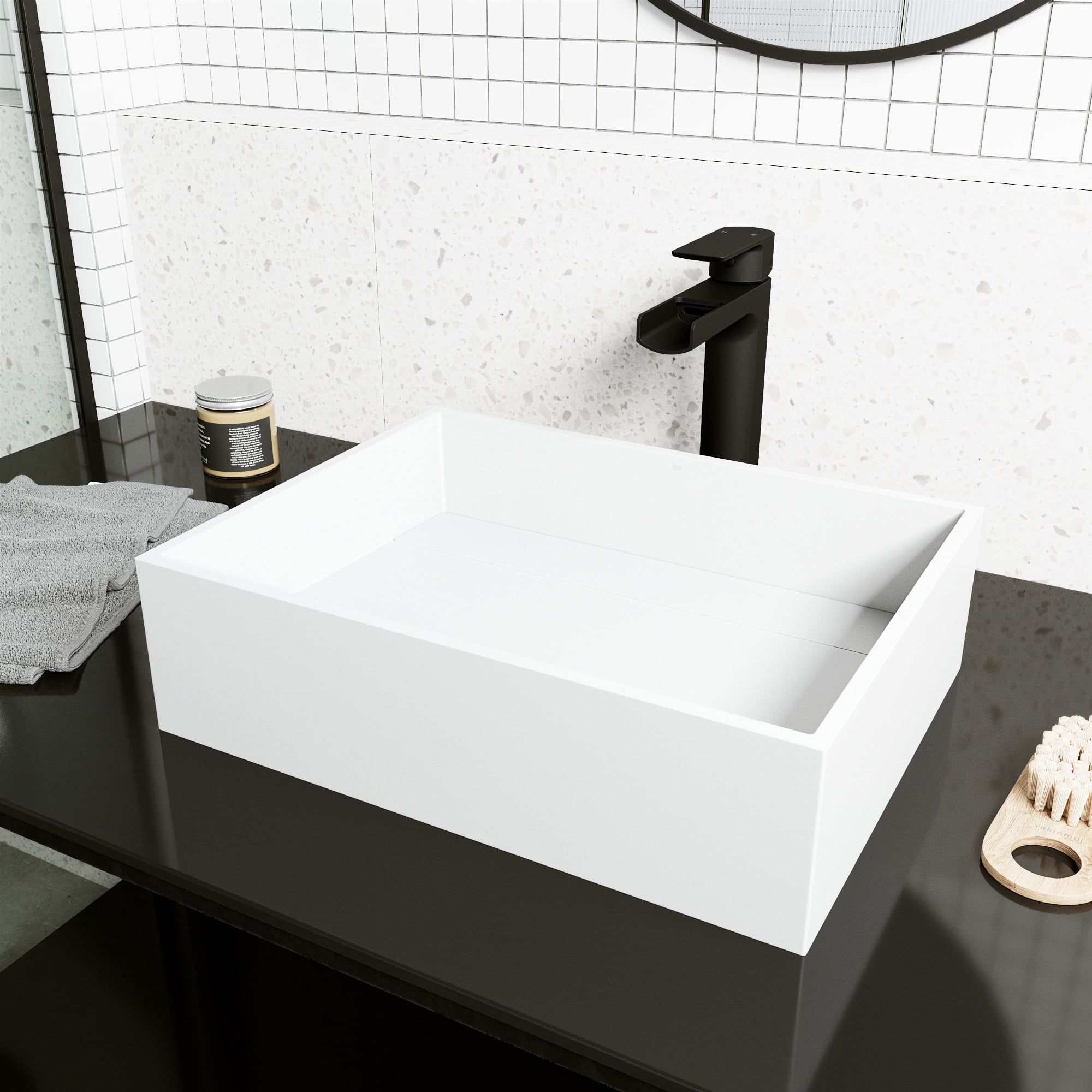 Montauk Matte White Stone Vessel Sink with Black Faucet