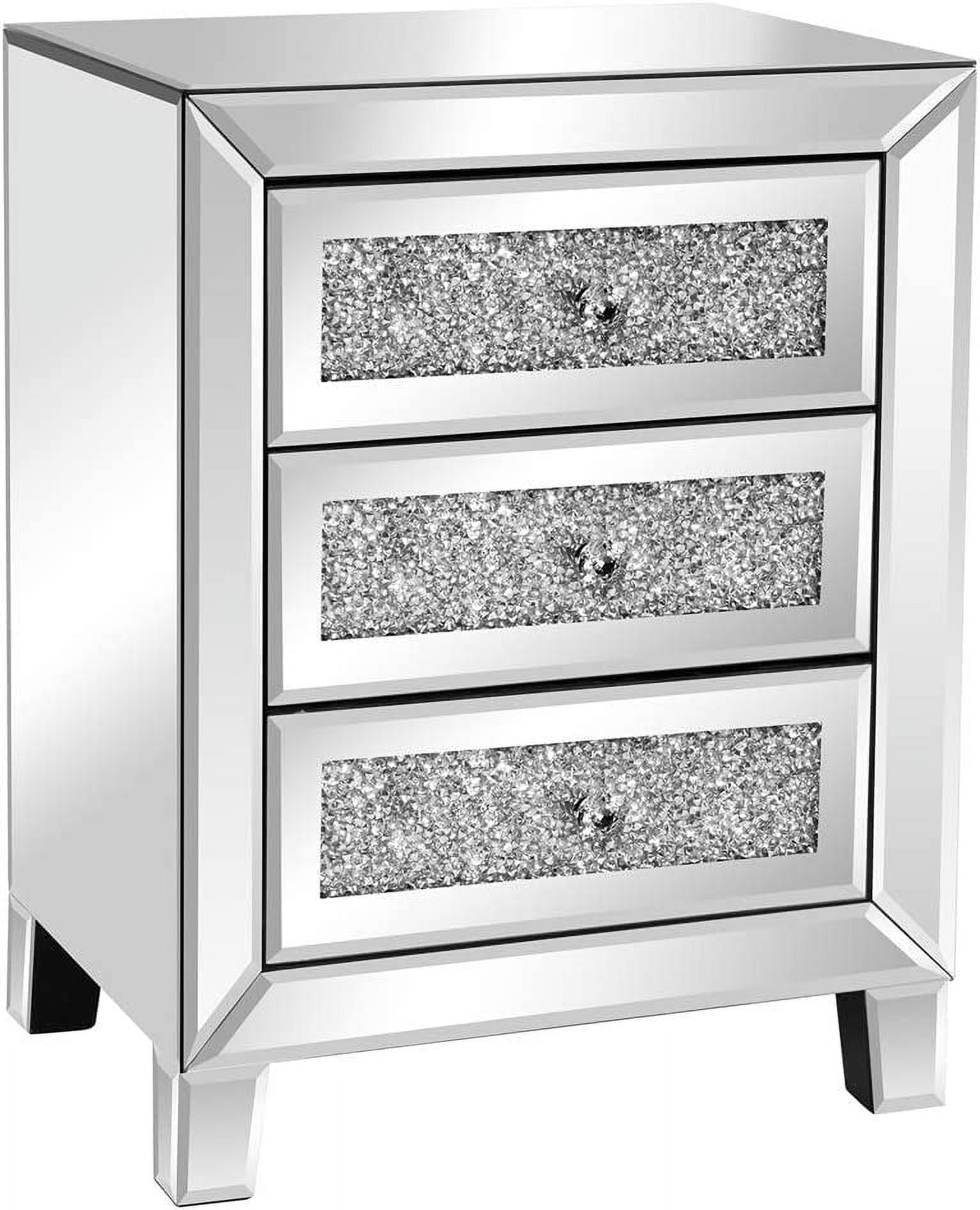 Silver Mirrored 3-Drawer Nightstand with Crystal Knobs