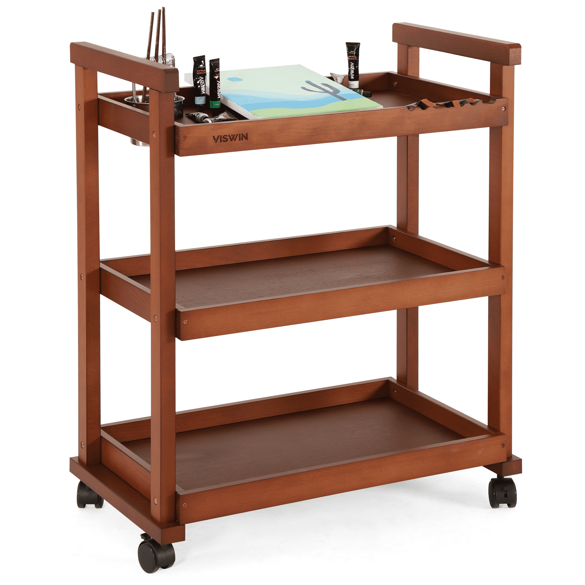 VISWIN 37" Walnut Beech Wood 3-Tier Art Cart with Wheels