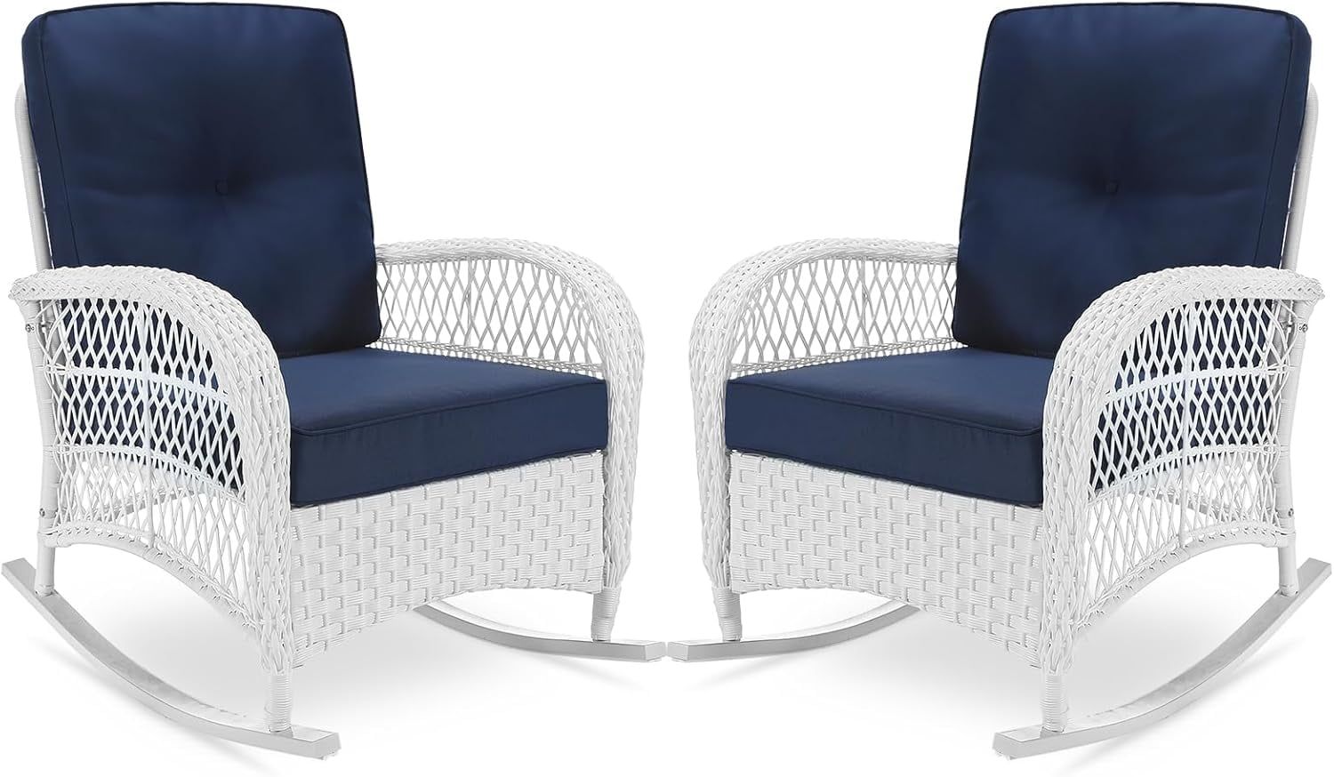Navy Blue and White Wicker Rocking Chair Set with Cushions