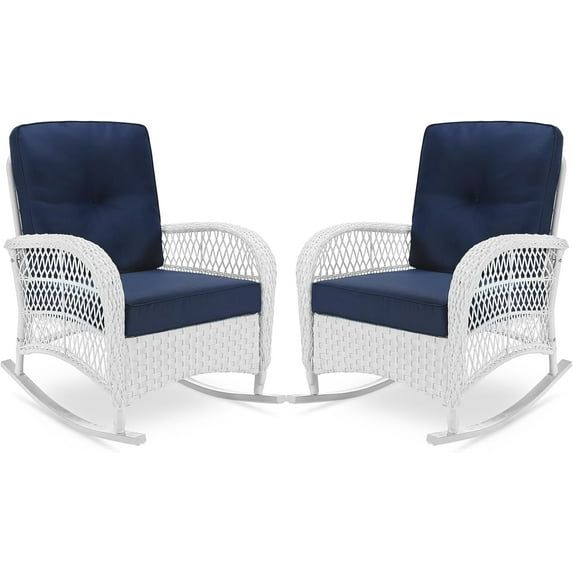 Navy Blue and White Wicker Rocking Chair Set with Cushions