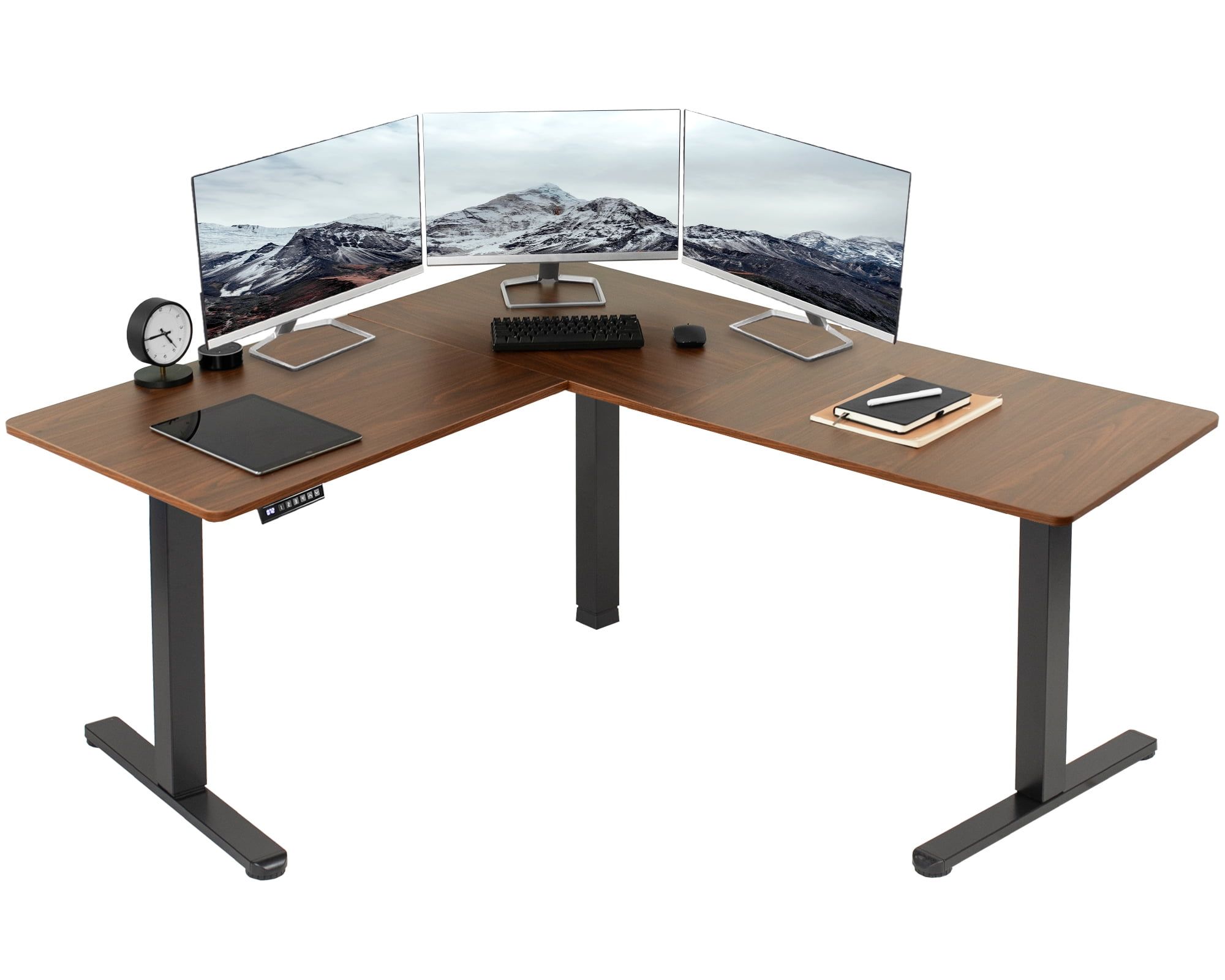 Dark Walnut and Black L-Shaped Adjustable Standing Desk with Keyboard Tray