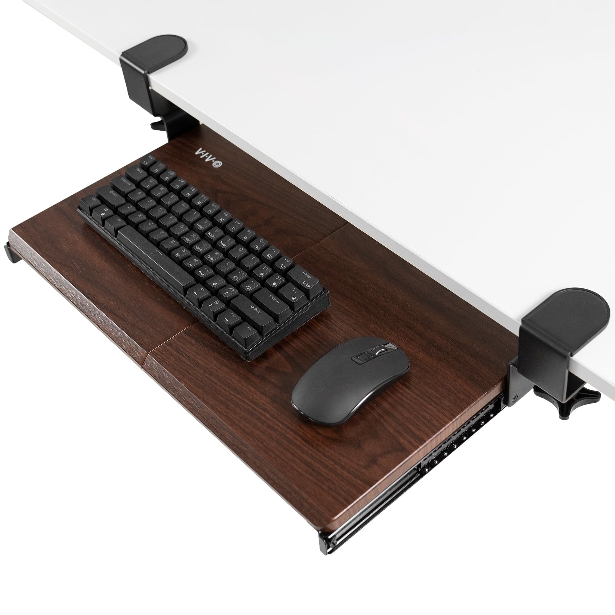 Dark Walnut Adjustable Clamp-On Keyboard Tray with Steel Frame