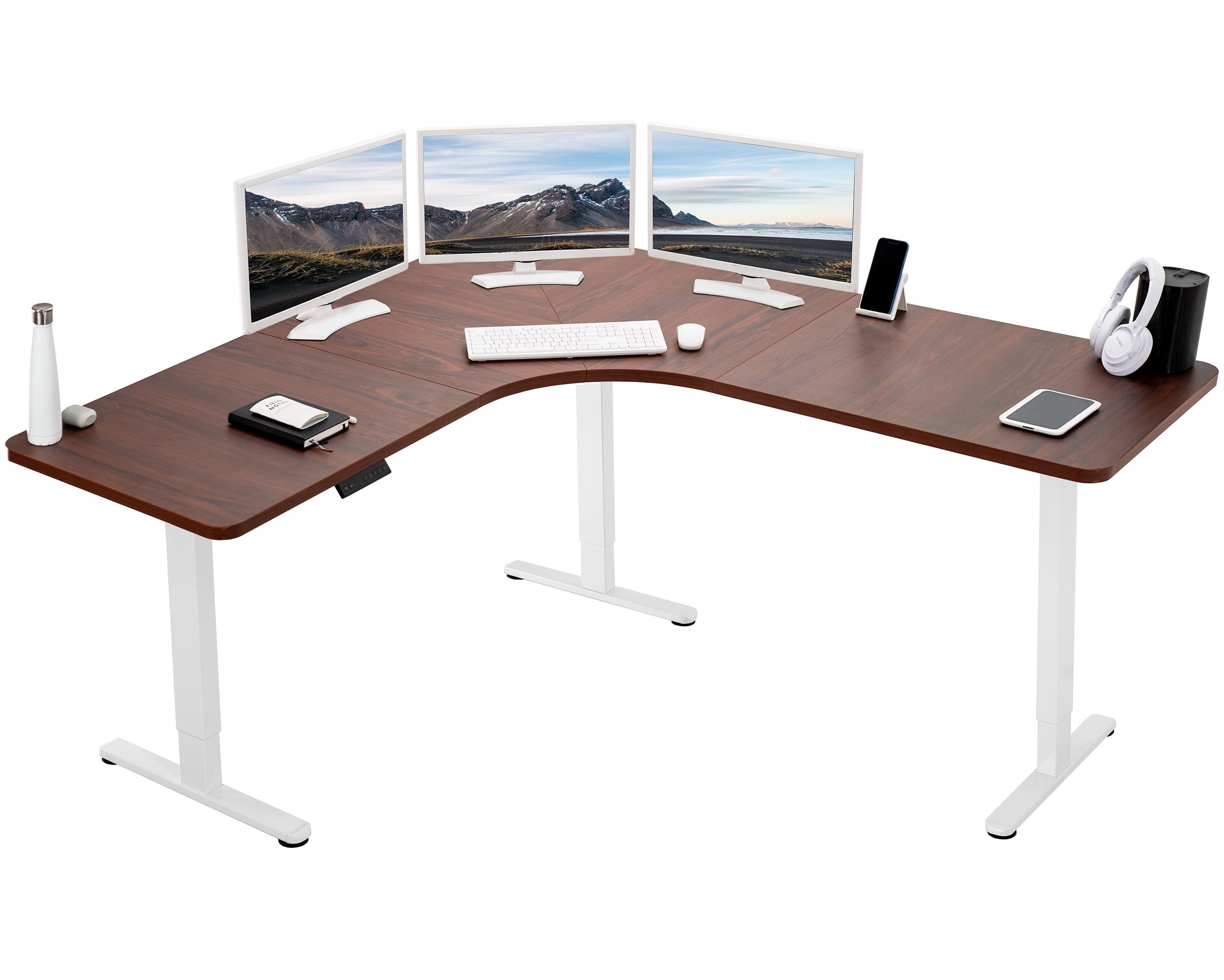 Dark Walnut and White L-Shaped Electric Adjustable Standing Desk