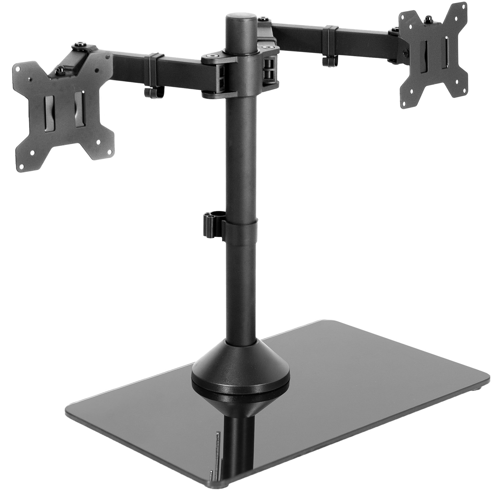 Black Dual Monitor Stand with Tempered Glass Base and Adjustable Arms