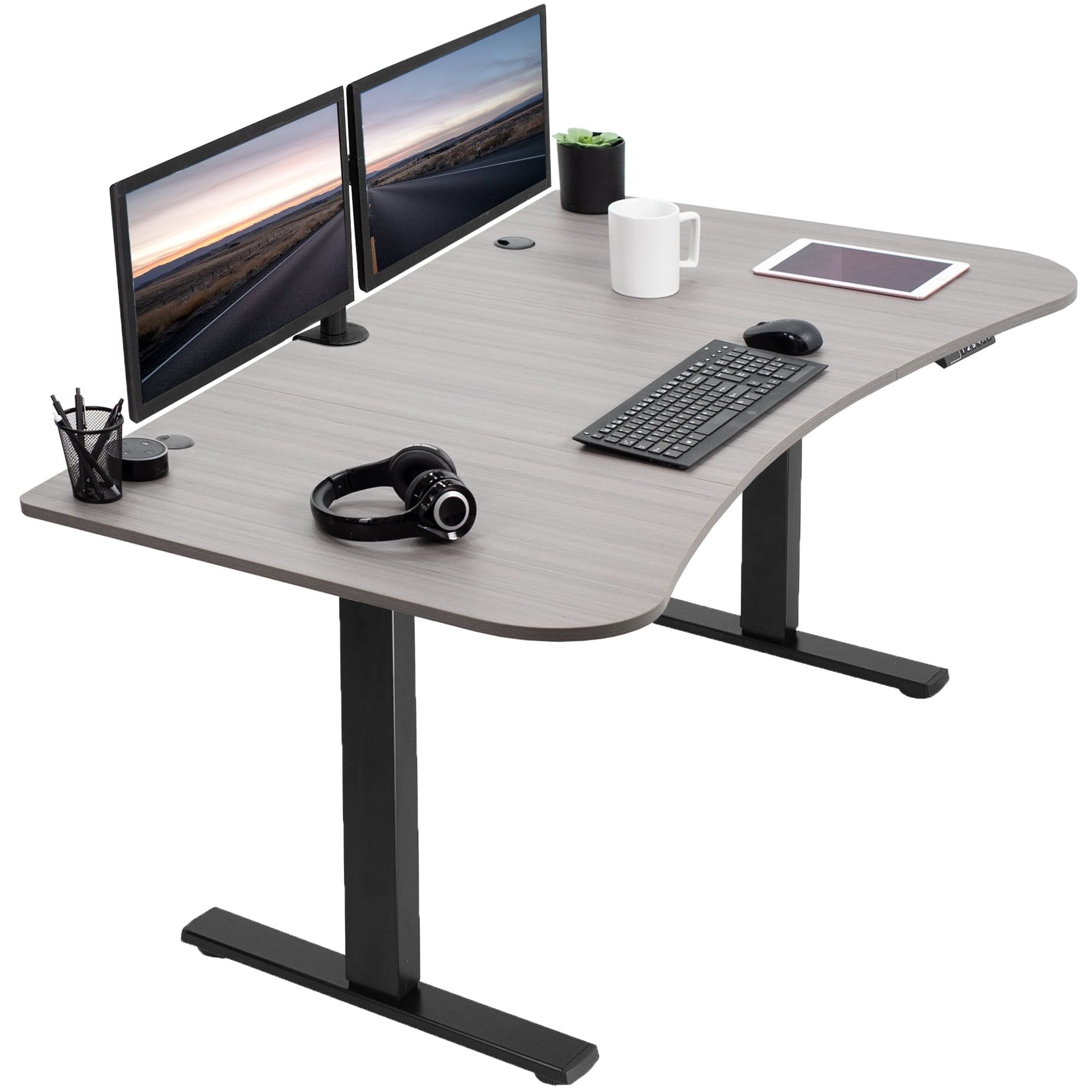 Electric Adjustable Height Dark Gray Particle Board Standing Desk with Black Frame