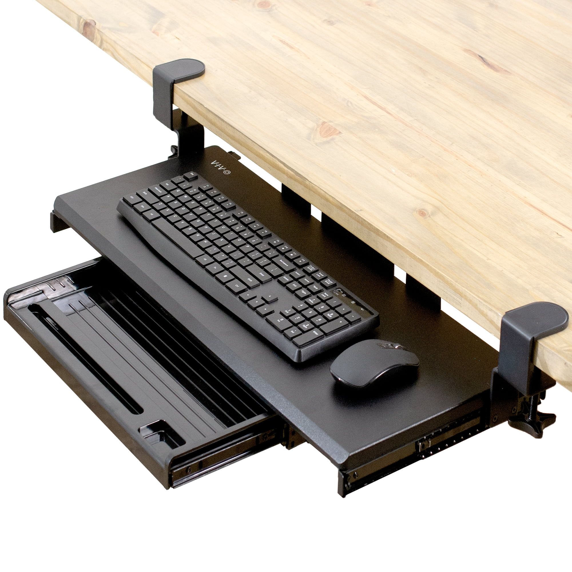 Black Adjustable Metal Clamp-On Keyboard Tray with Drawer