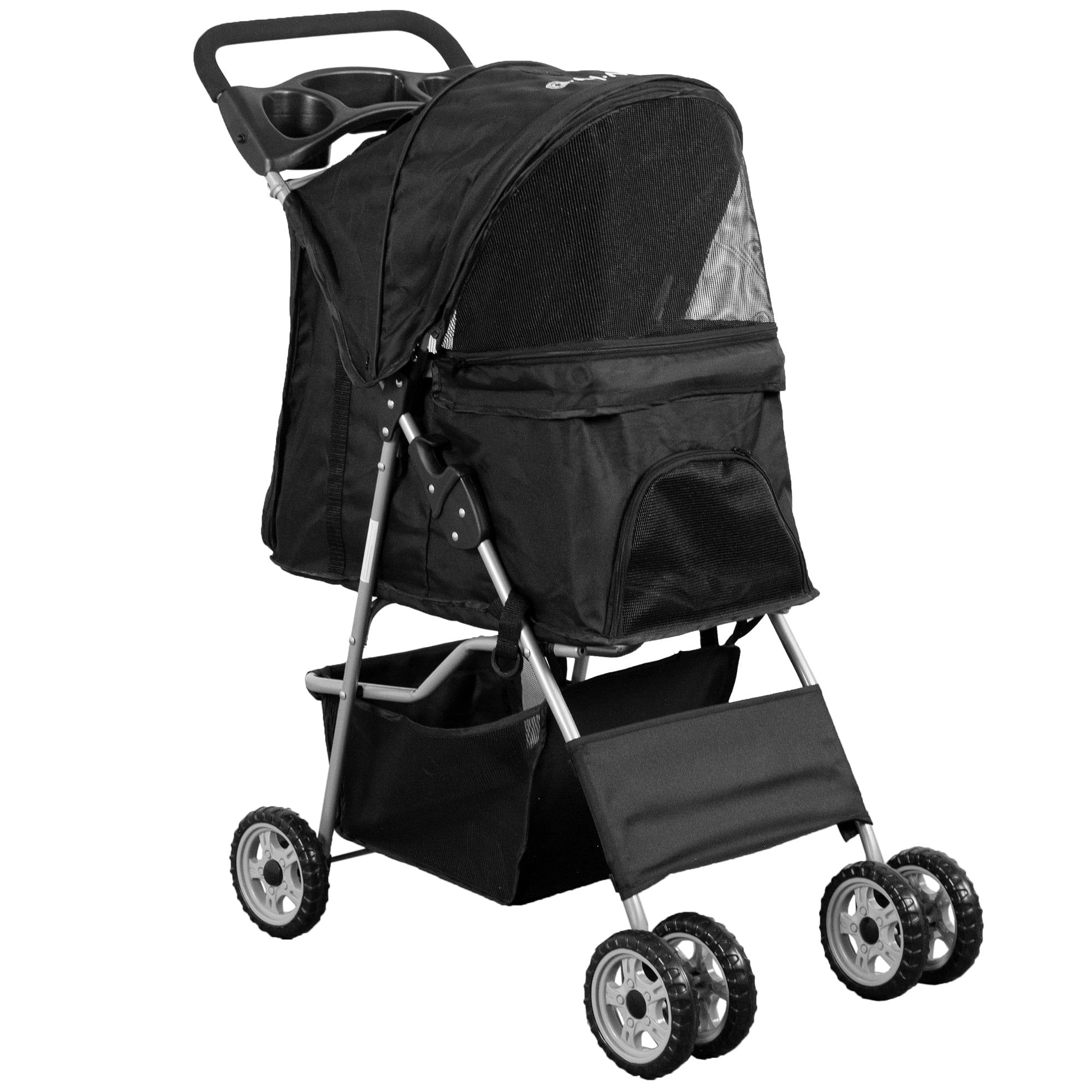 Black Foldable 4-Wheel Pet Stroller with Mesh Windows