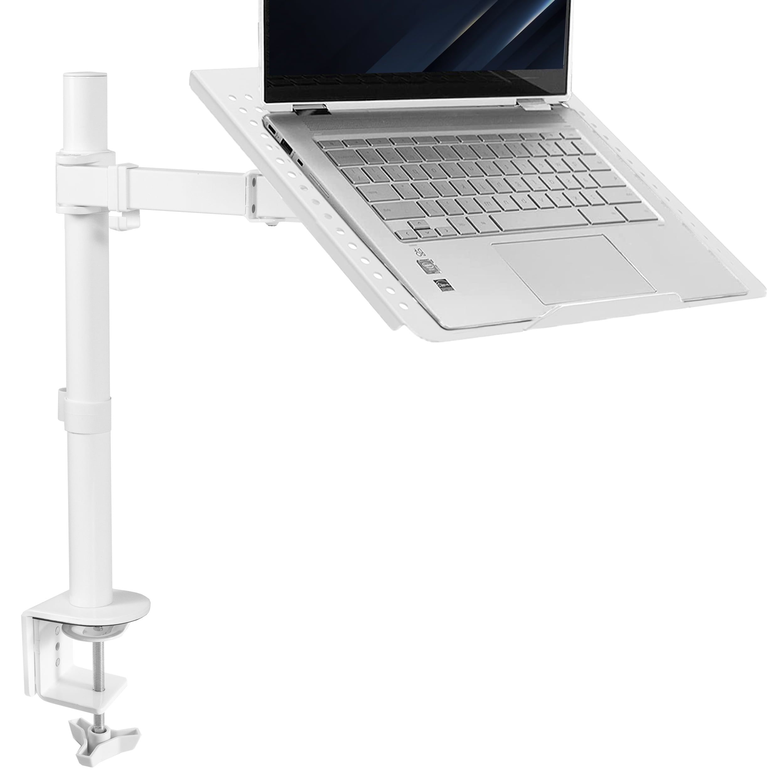 White Adjustable Laptop Desk Mount with C-Clamp and Grommet