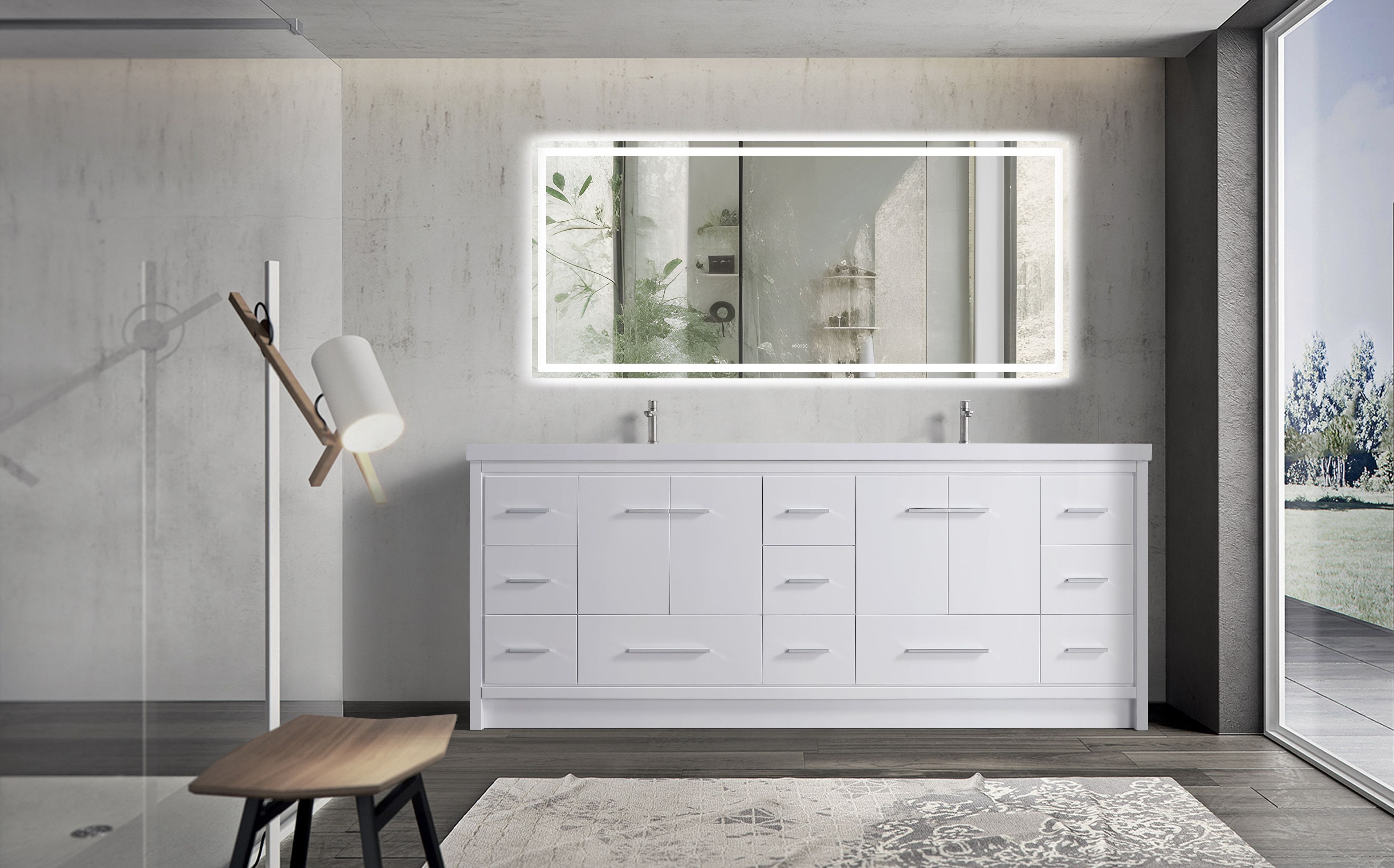 84" White Double Sink Freestanding Vanity with Sintered Stone Top