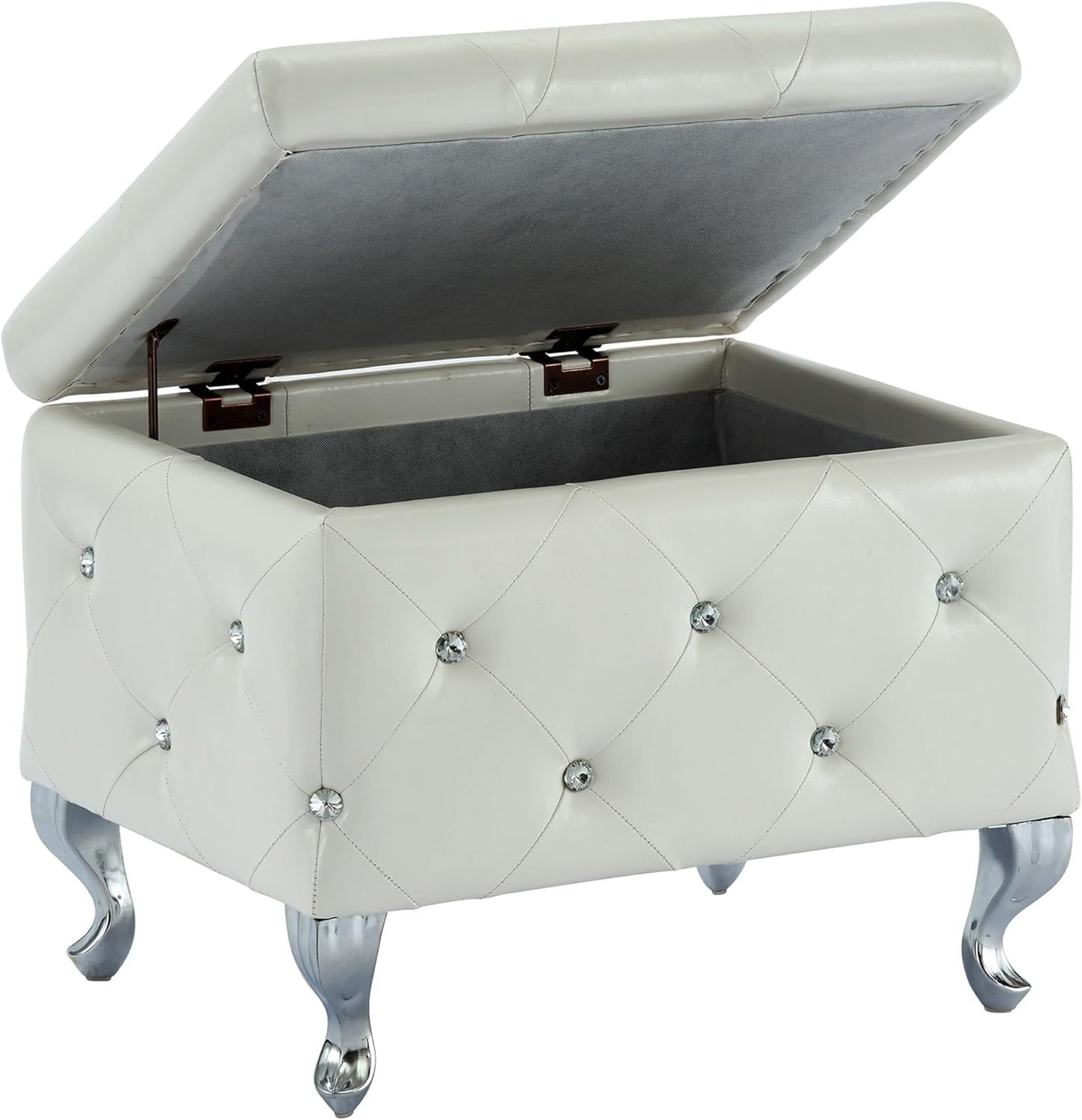 White Faux Leather & Chrome Square Storage Ottoman