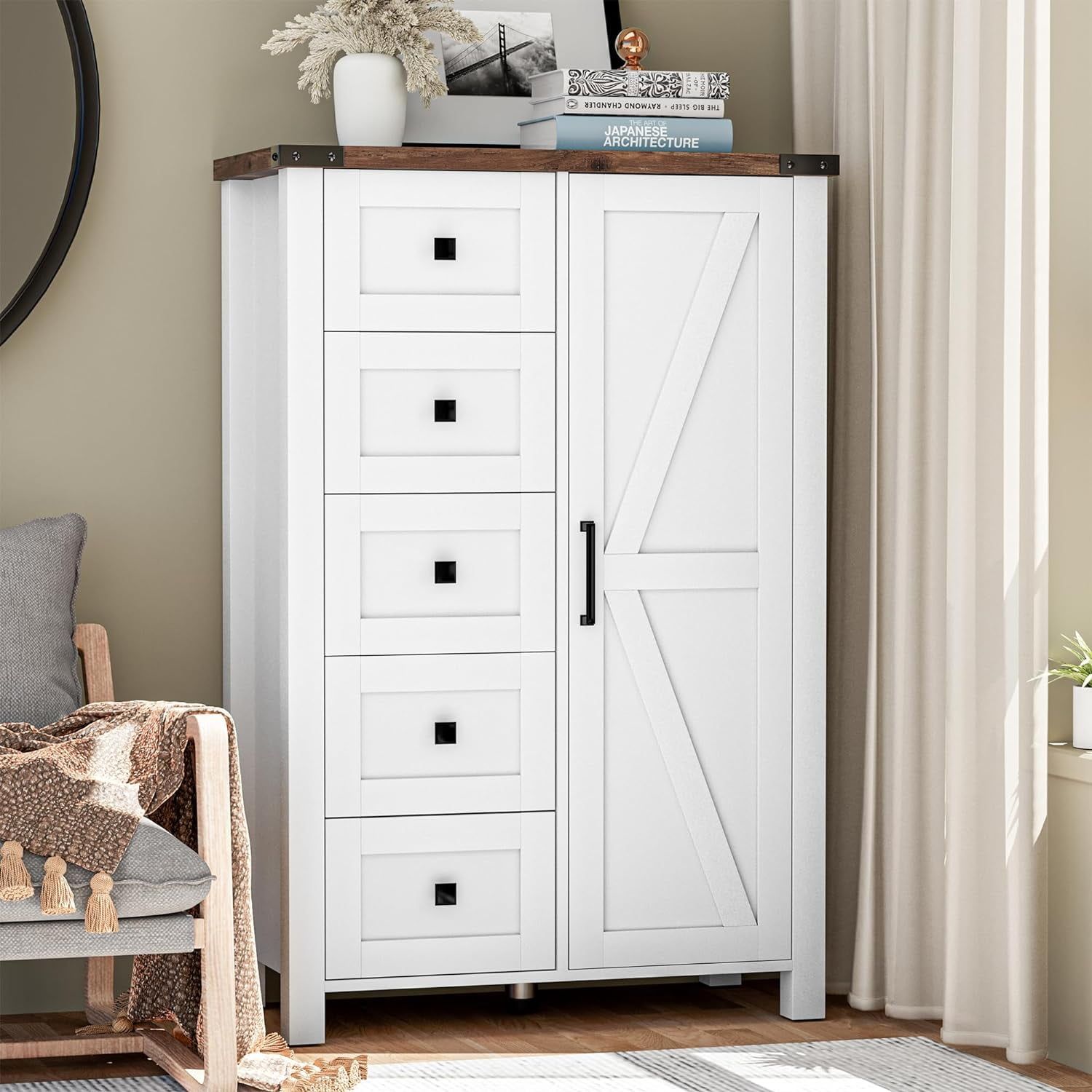 White Farmhouse 48" Tall 5-Drawer Dresser with Barn Door