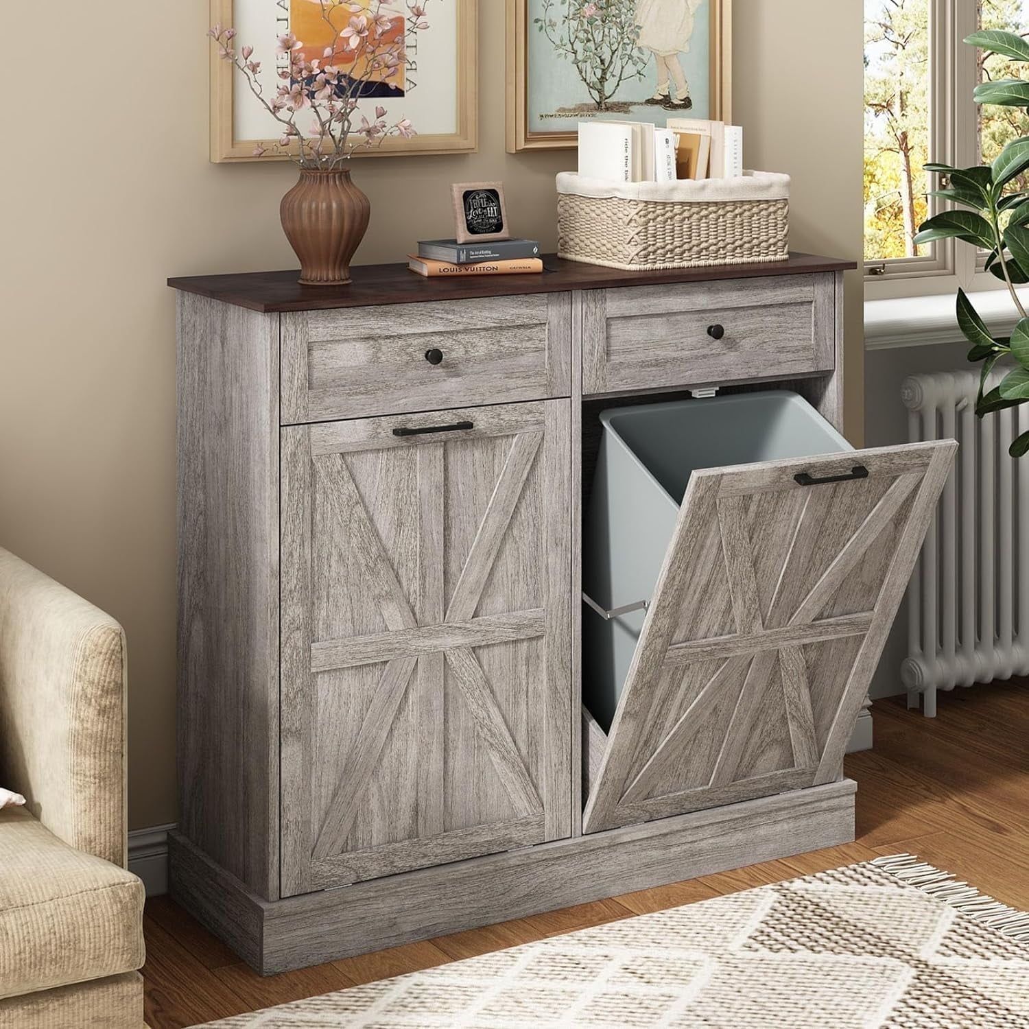 Gray Driftwood Double Tilt Out Trash Cabinet with Drawers