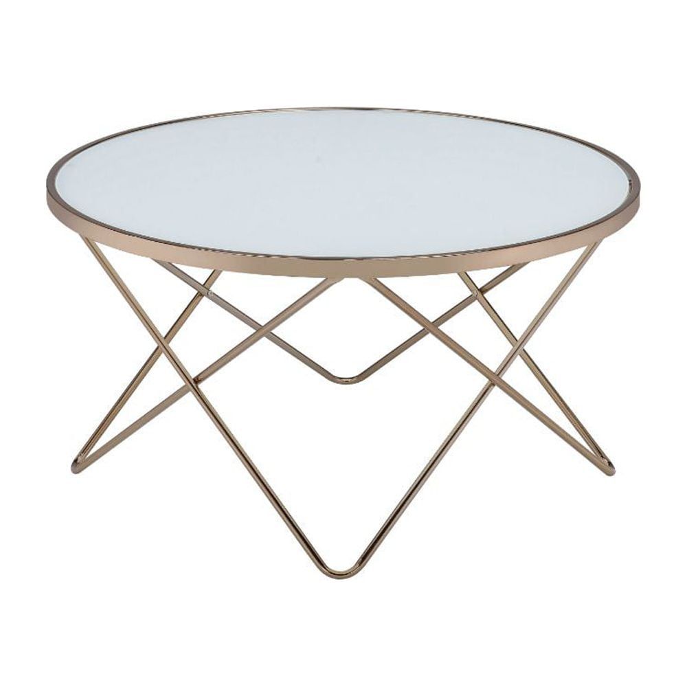 Contemporary Round Glass and Metal Coffee Table, 34" Champagne Finish