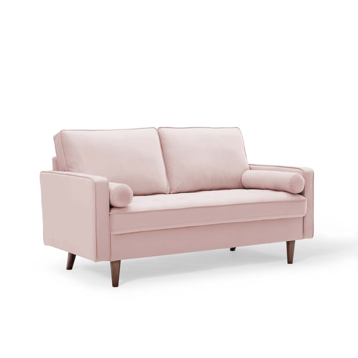 Pink Velvet Tufted Loveseat with Walnut Wood Legs