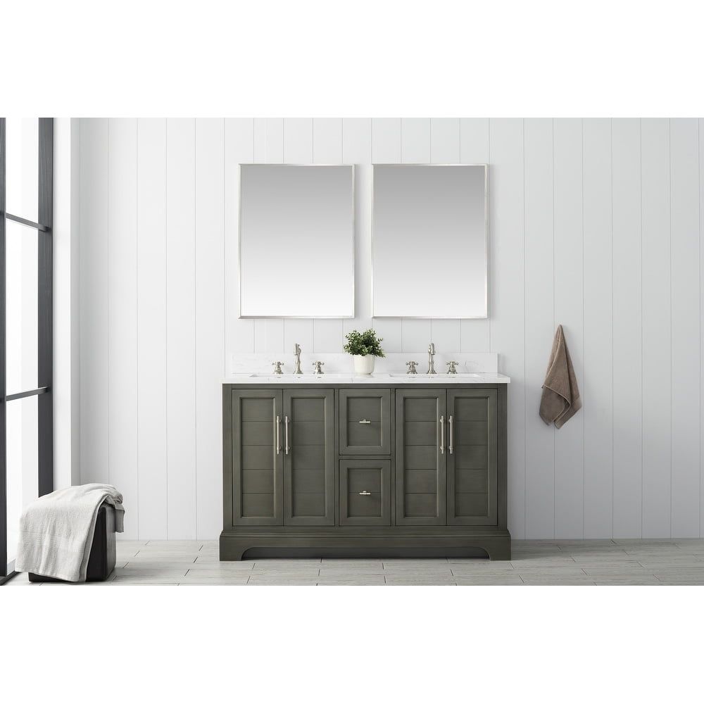 Vanity Art 54 Inch Double Sink Bathroom Vanity in Silver Grey with Ceramic Sink and Engineered Marble Top | Undermount Rectangular Sink Dovetailed Drawers, No Mirror VA5054-SG