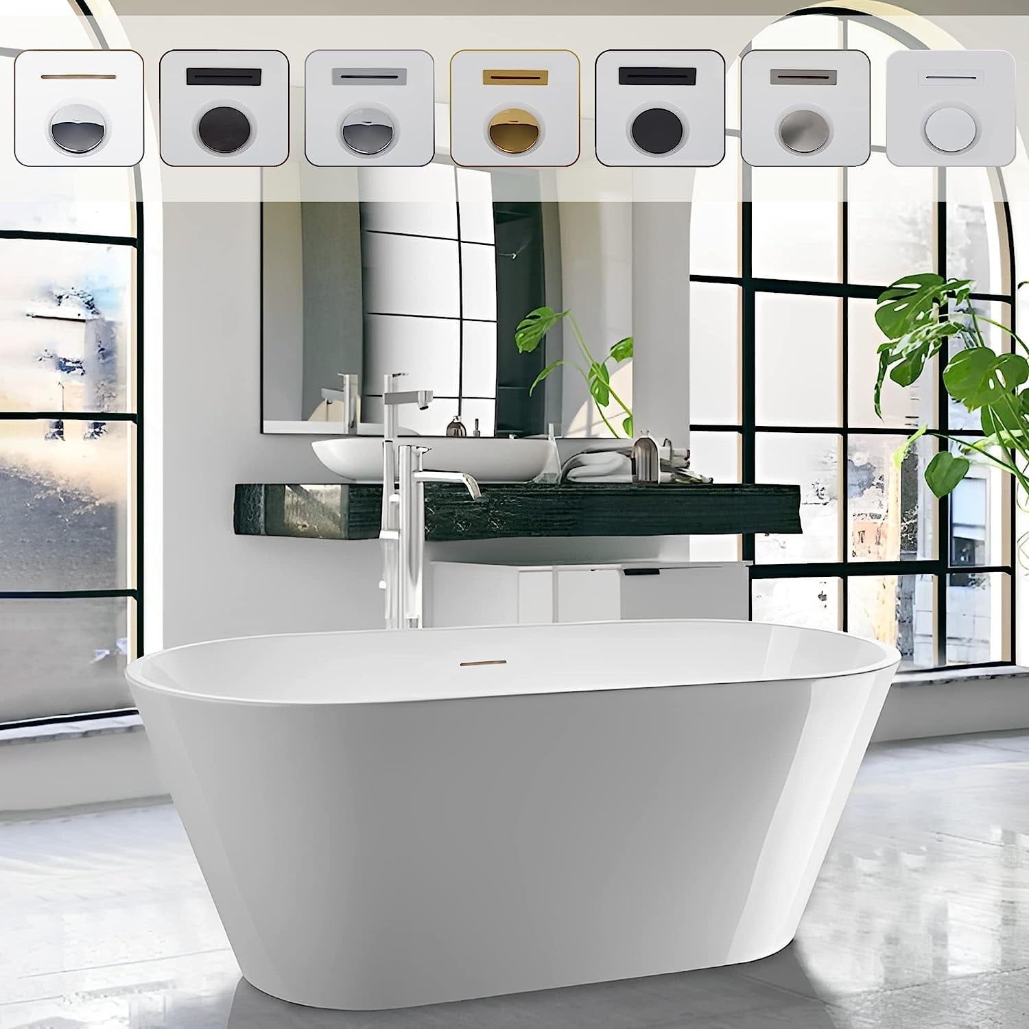 Vanity Art 59" White Acrylic Freestanding Bathtub with Center Drain