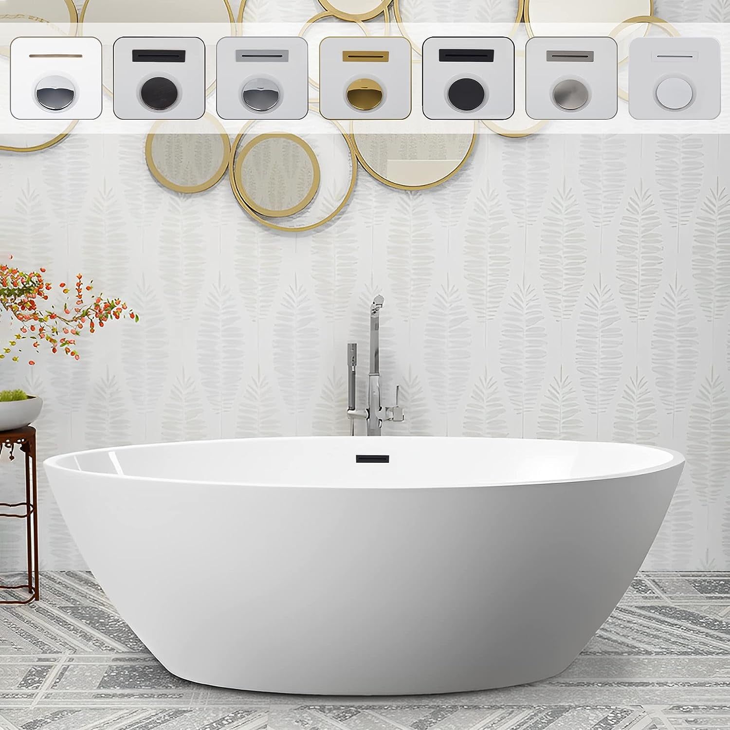 Elegant White Acrylic Freestanding Soaking Bathtub, 59.1"