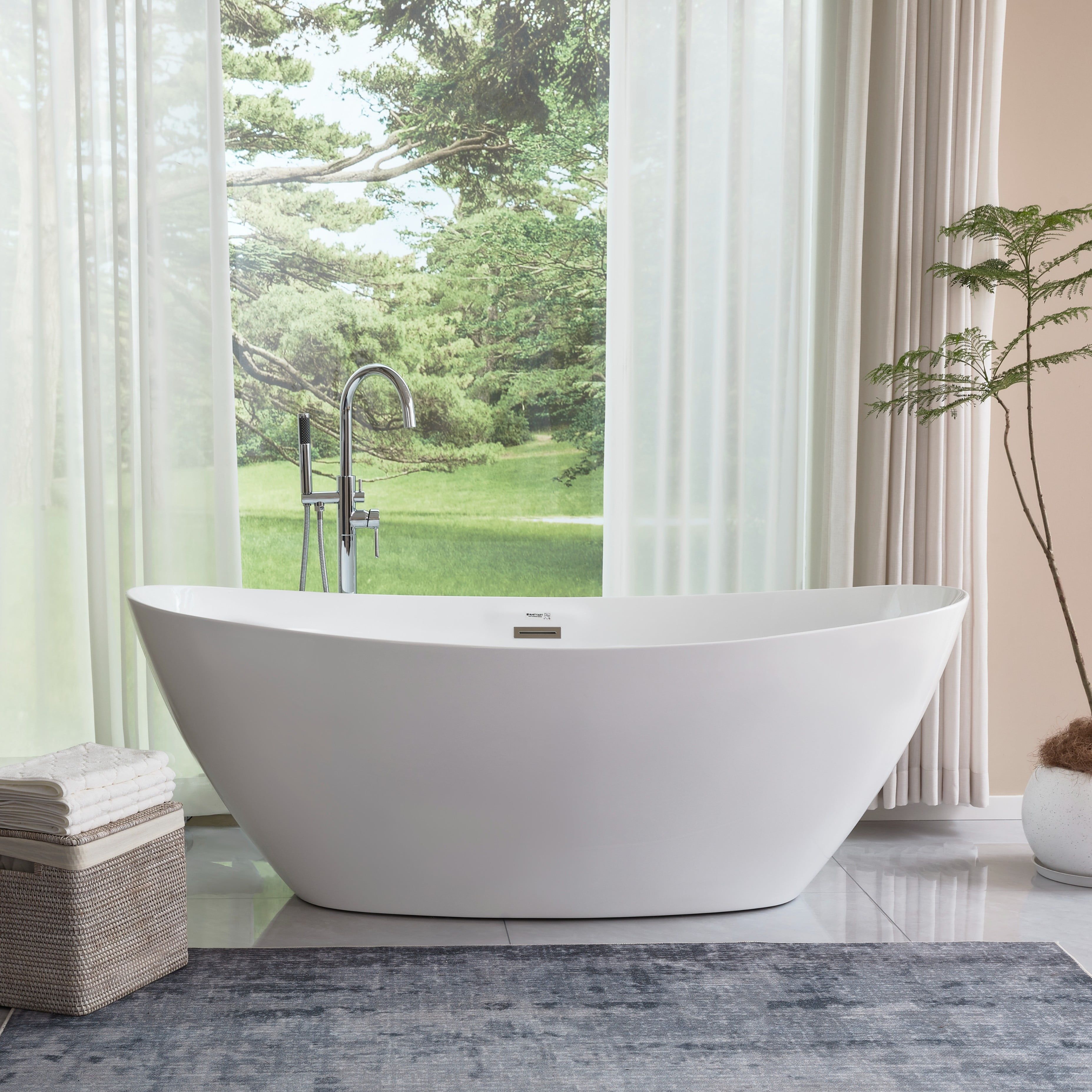 71-Inch White Acrylic Freestanding Soaking Bathtub with Chrome Drain