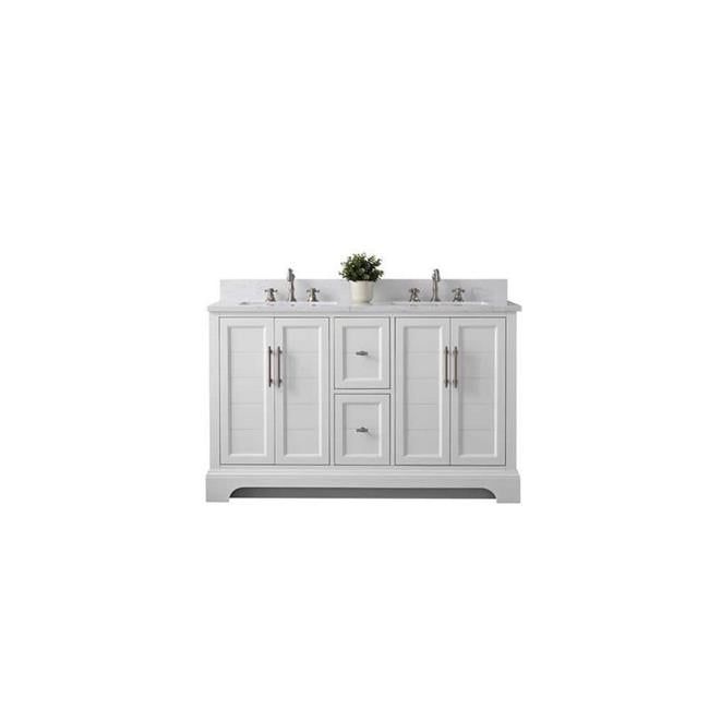White Double Sink Bathroom Vanity with Quartz Top and Backsplash