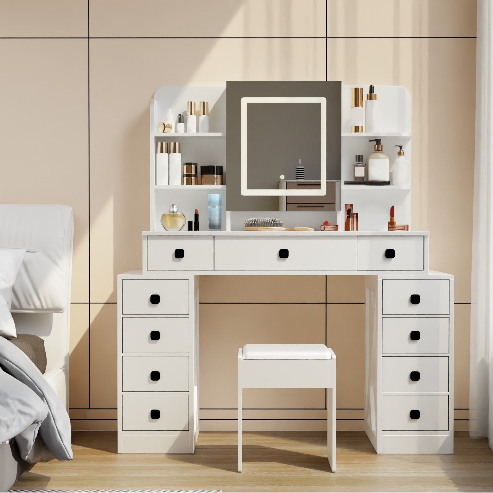 White MDF Vanity Desk with Sliding Mirror and Stool