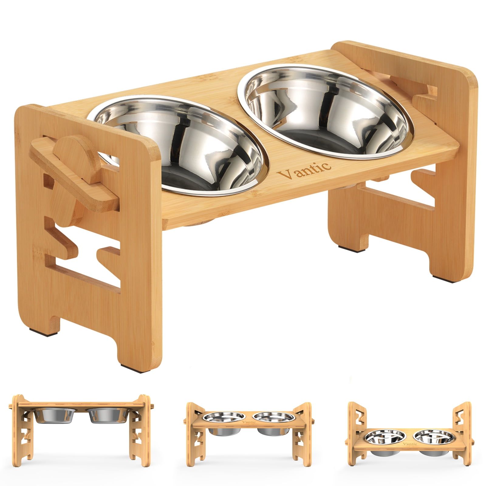 Adjustable Bamboo Elevated Dog Feeder with Stainless Steel Bowls