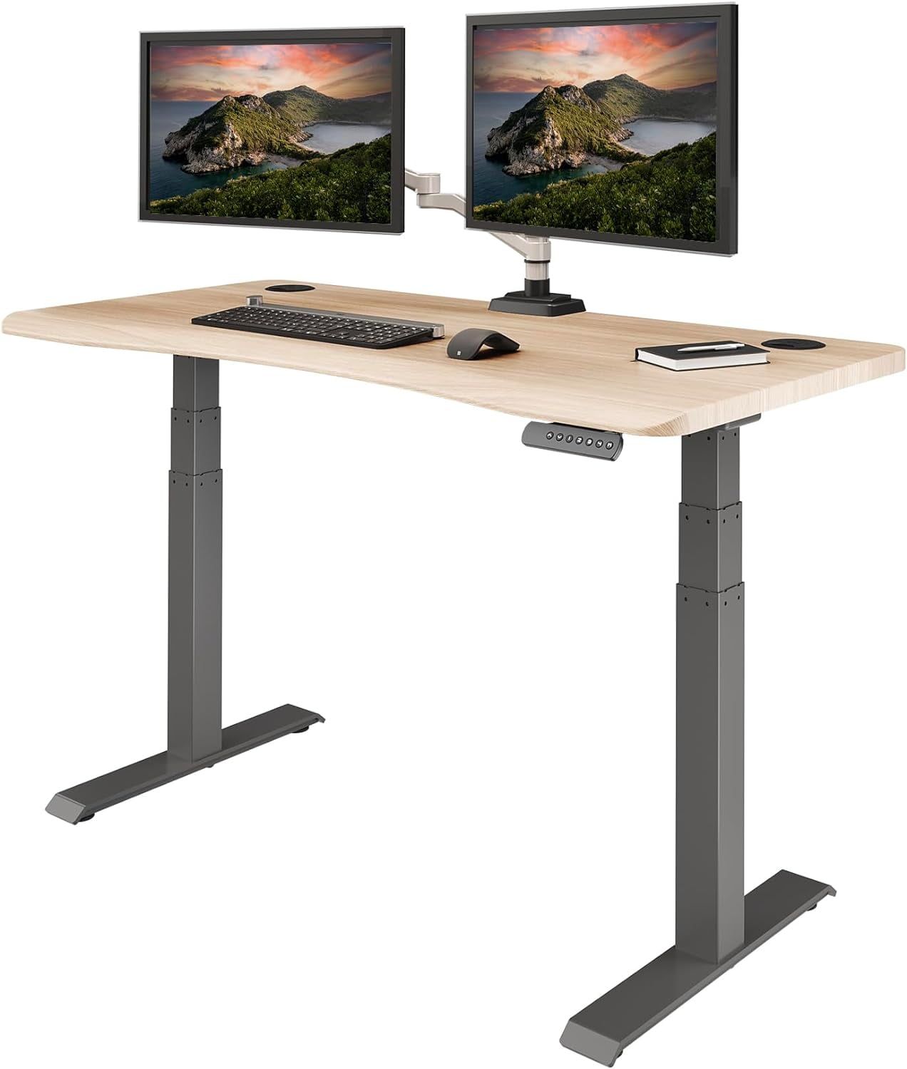 Ergonomic Light Wood Adjustable Height Standing Desk with T-Shape Base