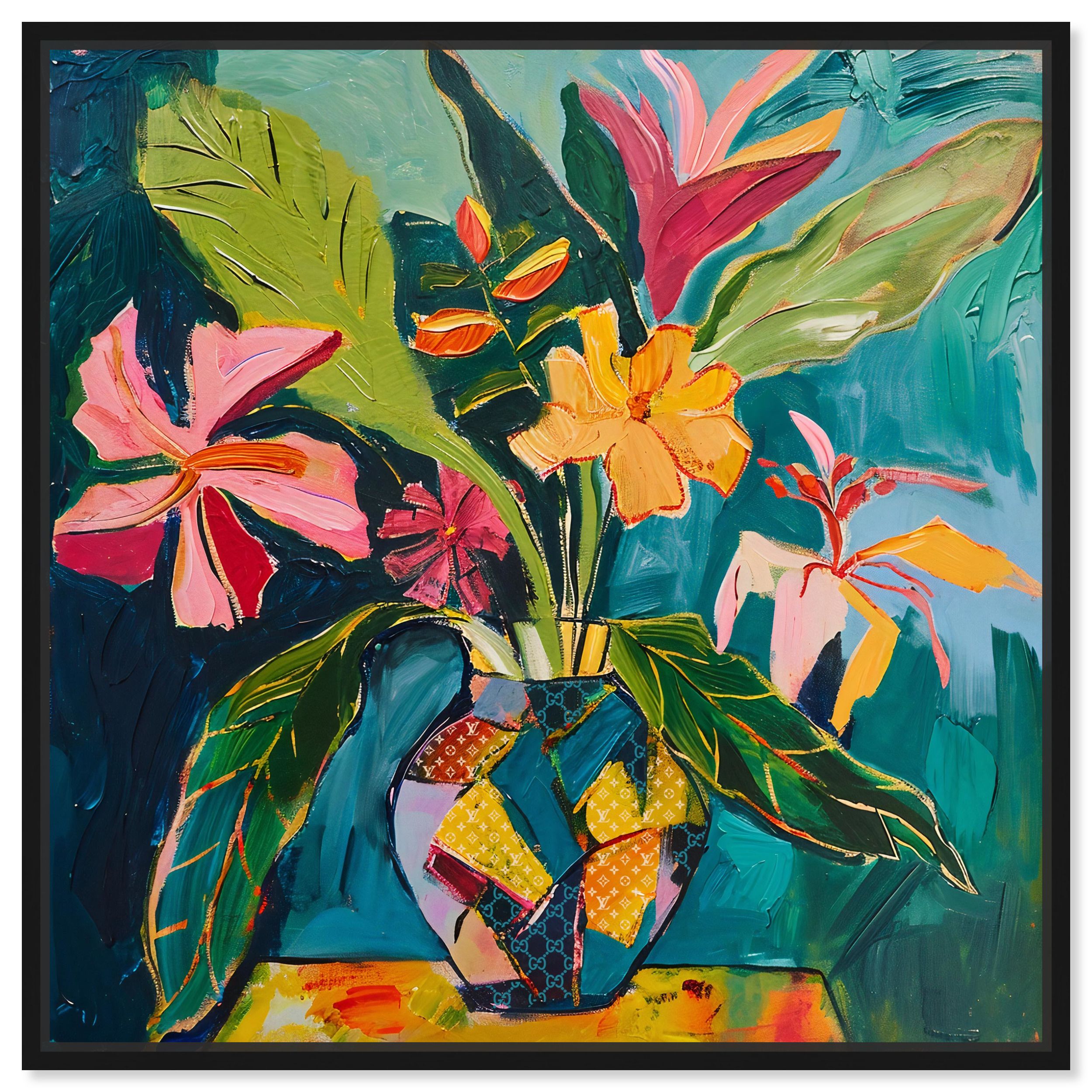 Vibrant Tropical Flowers on Canvas with Black Frame, 41" x 41"