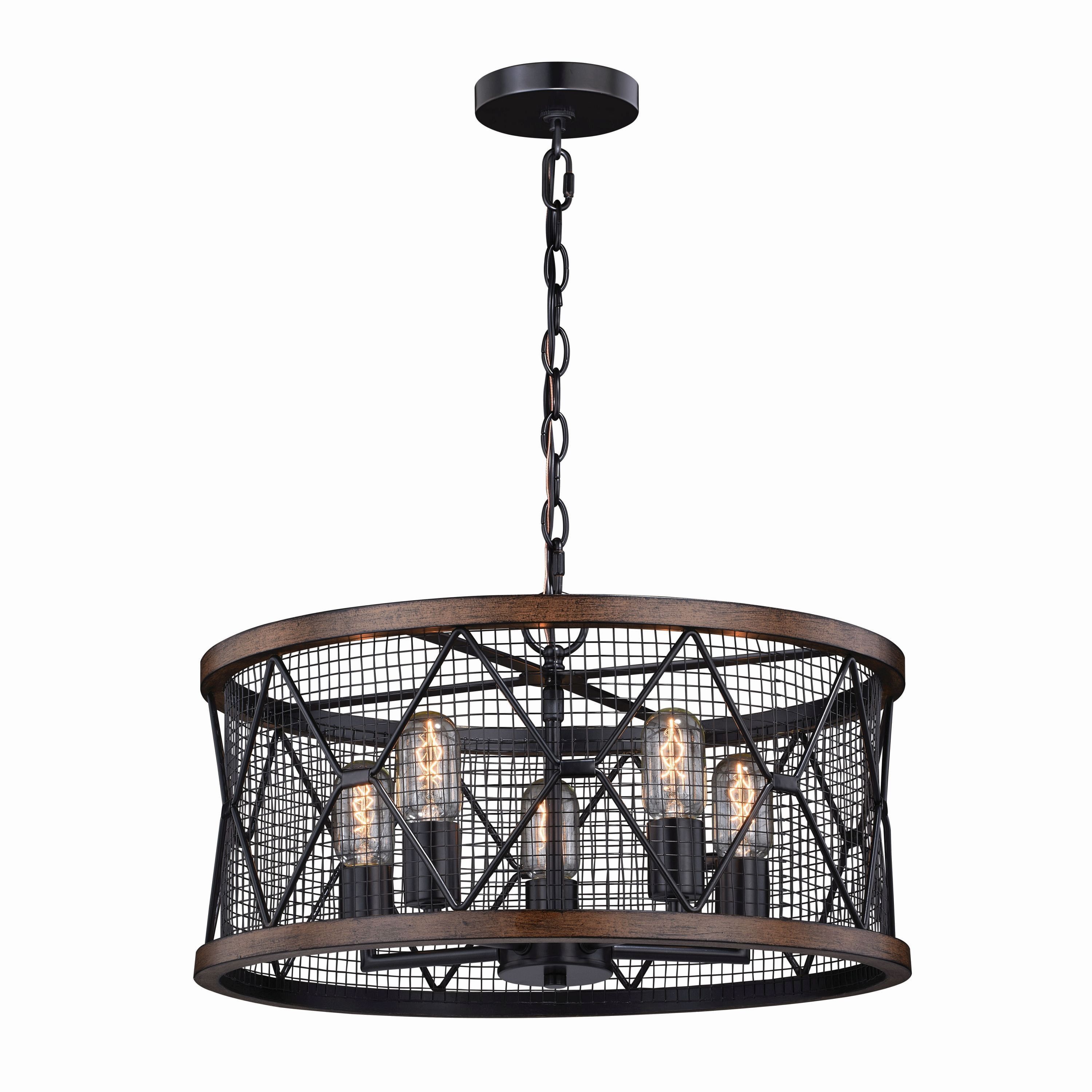 Bremerton 20" Bronze Cage Drum Chandelier with Burnished Teak Accents