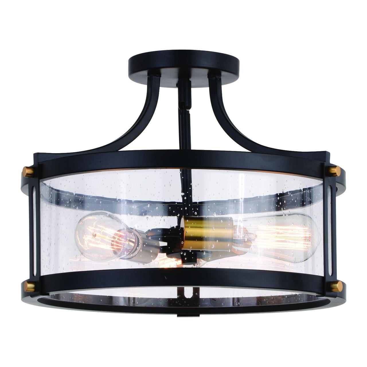 Holbrook 15.75" Matte Black & Satin Brass Drum Semi-Flush Mount with Clear Seeded Glass