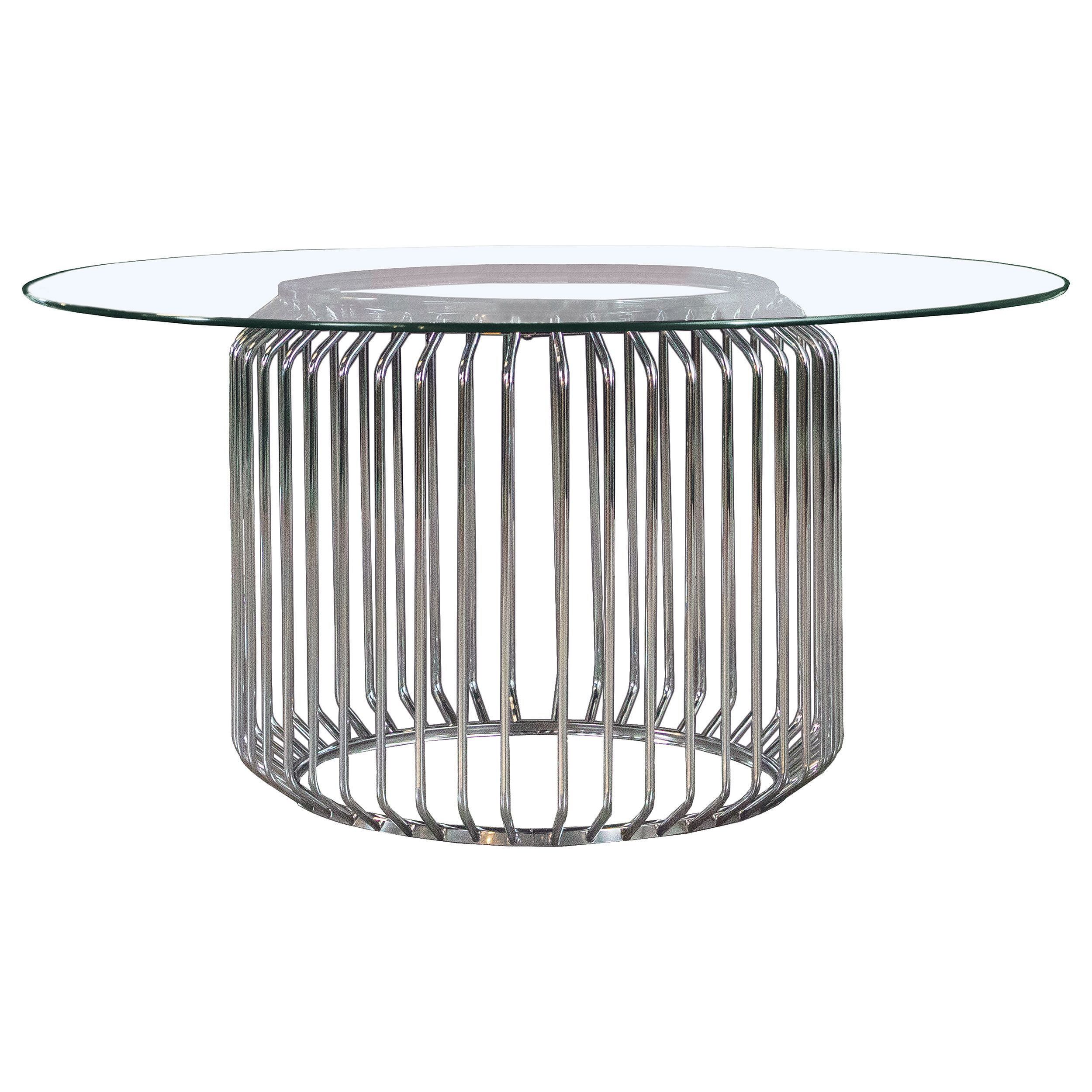 60" Round Clear Glass and Chrome Art Deco Dining Table