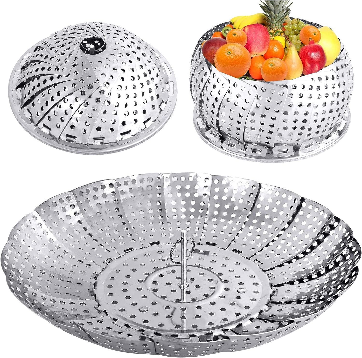 Stainless Steel Collapsible Steamer Basket with Lid, 5.3" to 8.6"