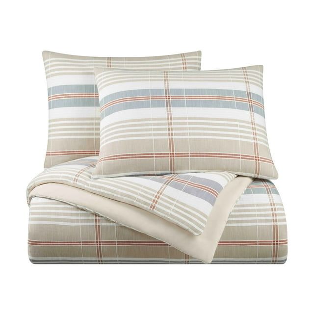 King Taupe Cotton Reversible Plaid Comforter Set