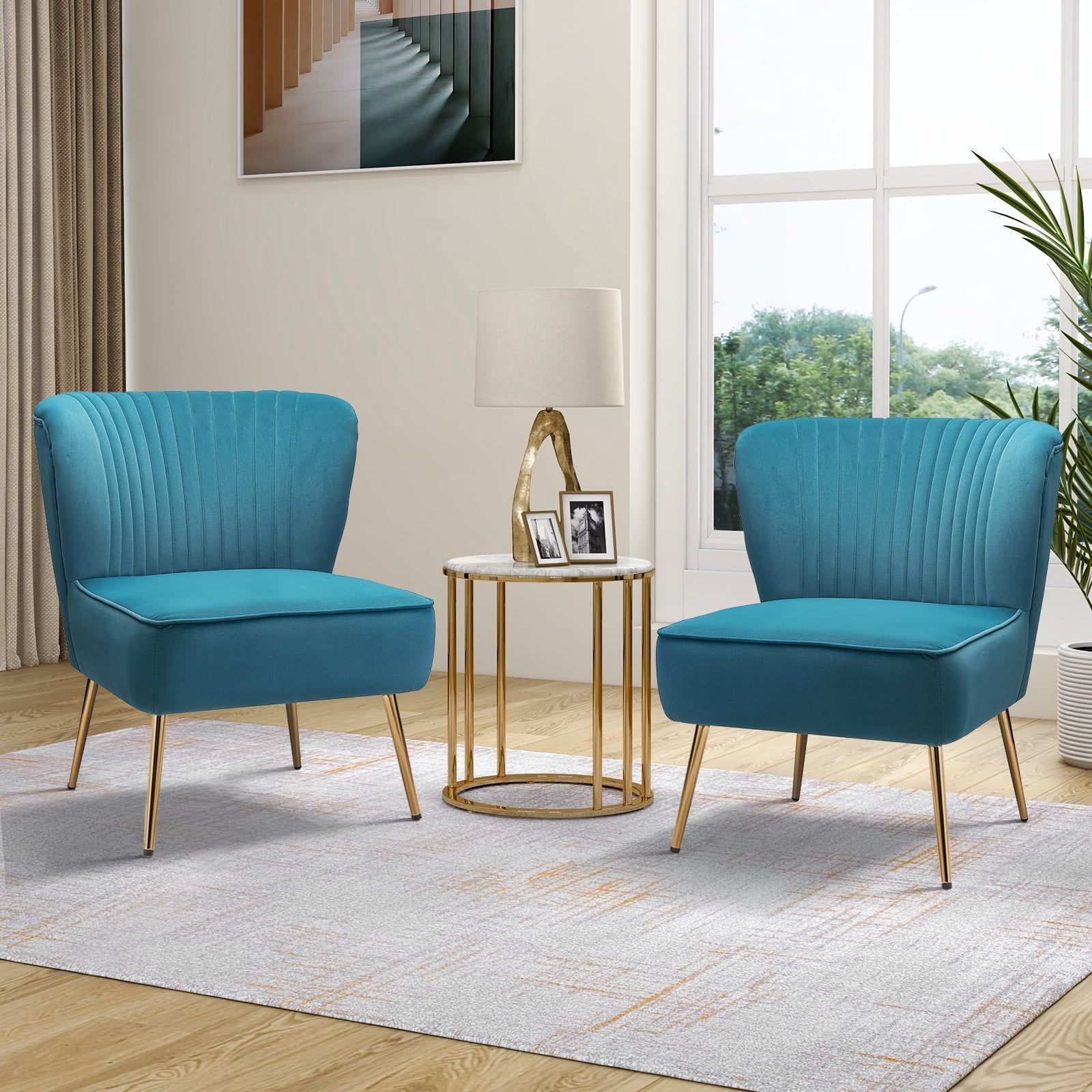 Elegant Blue Velvet Accent Chair Set with Gold Legs