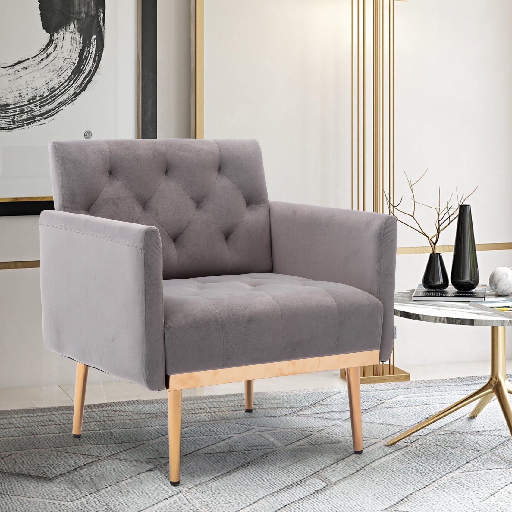 Gray Velvet Tufted Accent Chair with Gold Metal Legs