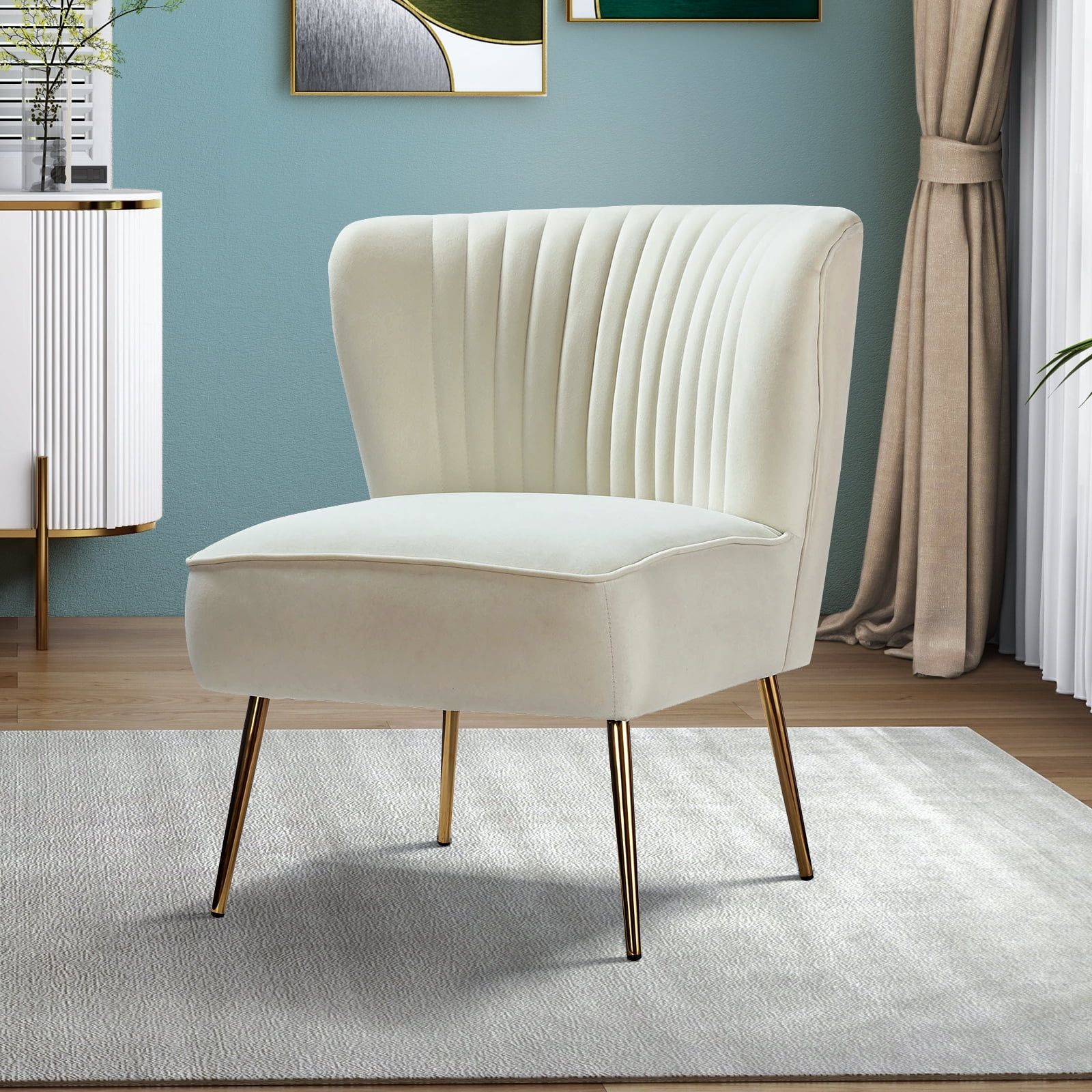 Ivory Velvet Armless Accent Chair with Gold Legs