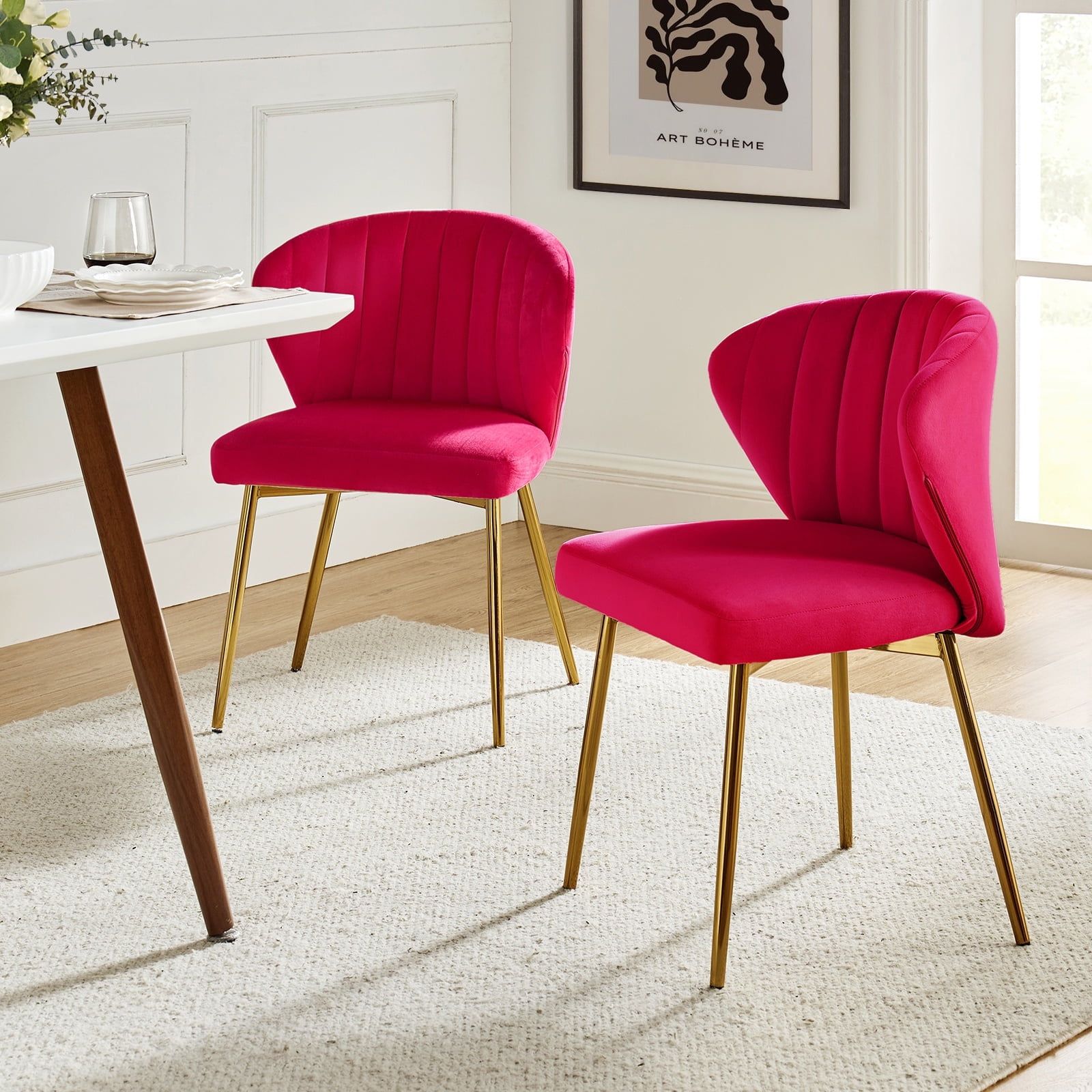 Fuchsia Velvet Upholstered Side Chair with Golden Metal Legs