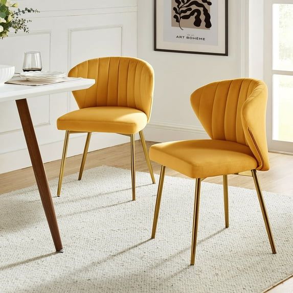 Mustard Velvet Upholstered Side Chair with Gold Metal Legs, Set of 2