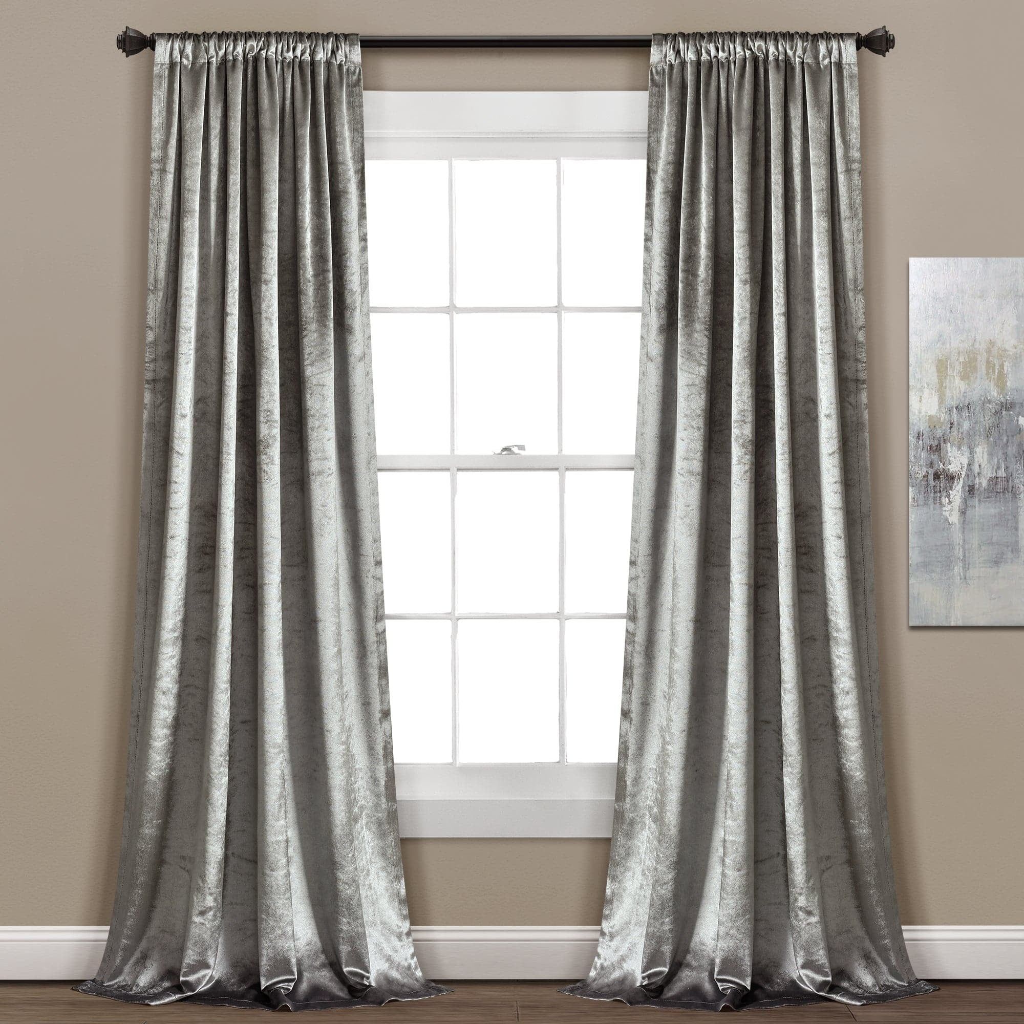 Elegant Silver Velvet Light Filtering Rod Pocket Window Curtains, Set of 2