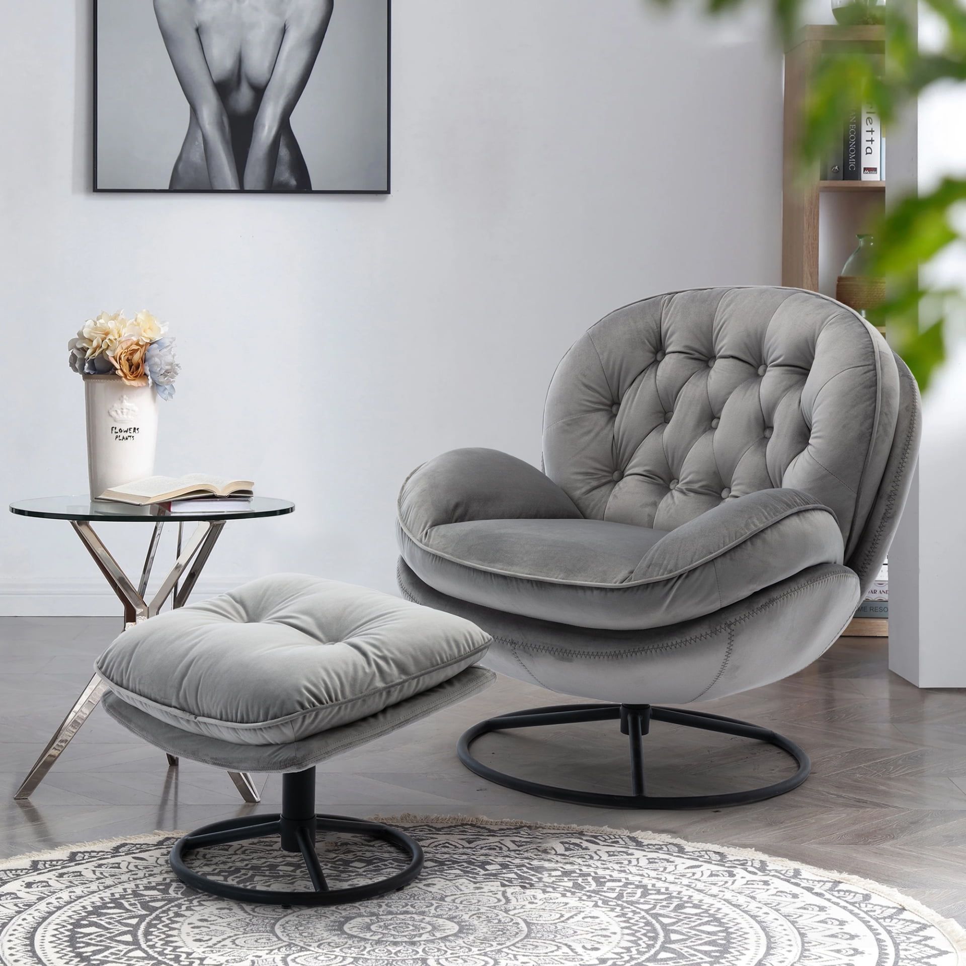 Gray Velvet Swivel Accent Chair with Ottoman and Metal Base