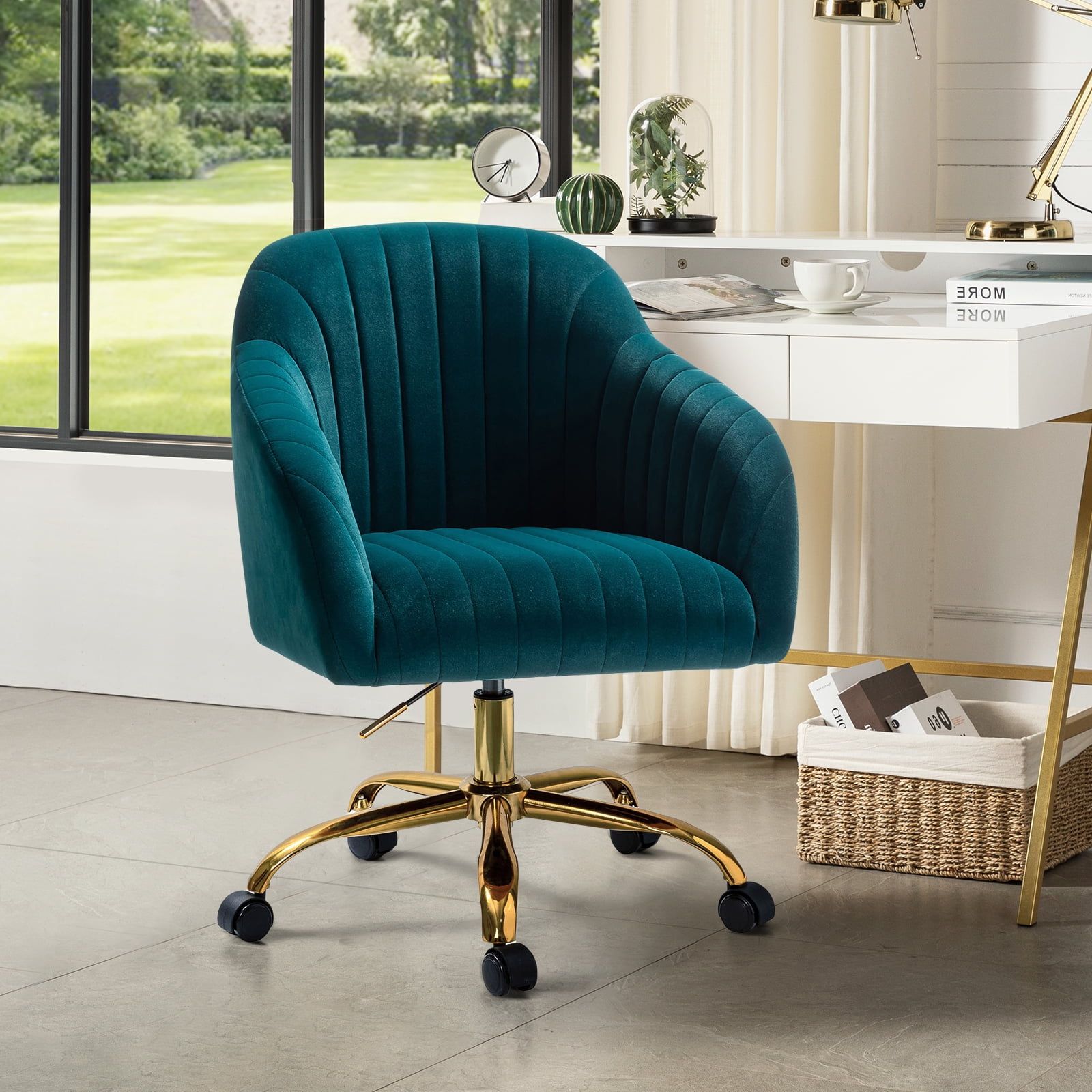 Teal Velvet Swivel Task Chair with Gold Metal Base