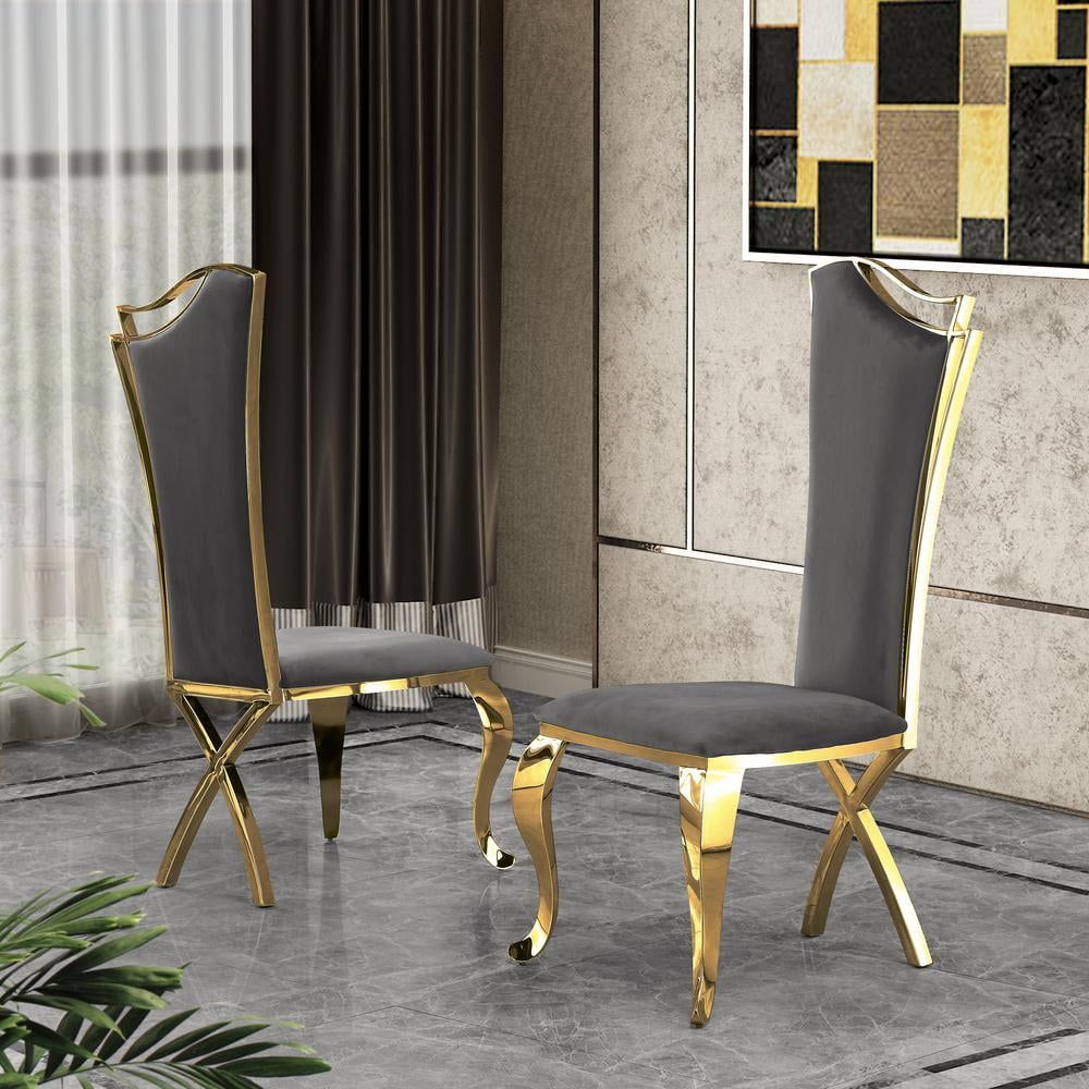 Luxe High-Back Gray Velvet Side Chairs with Gold Stainless Steel Legs, Set of 2