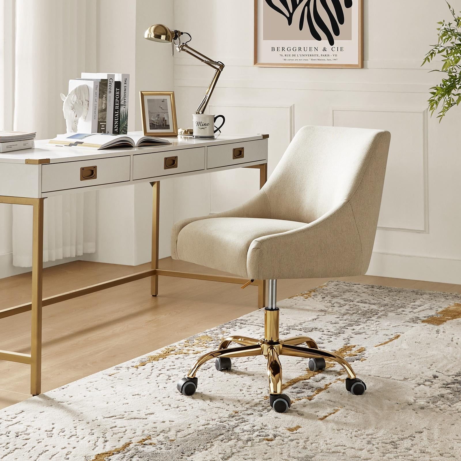 Tan Fabric Swivel Armless Task Chair with Metal Base