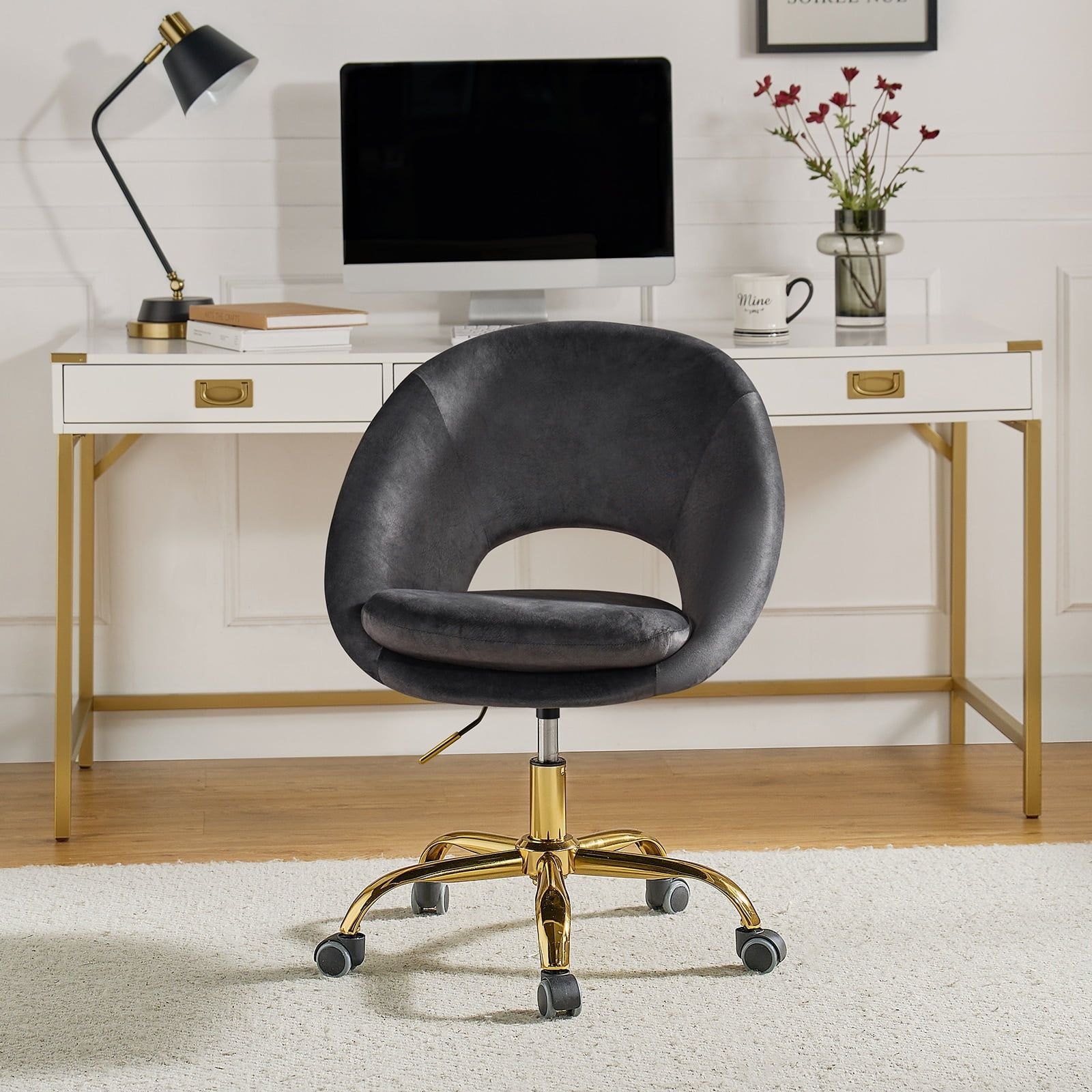 Ergonomic Swivel Task Chair in Black Velvet with Golden Metal Legs